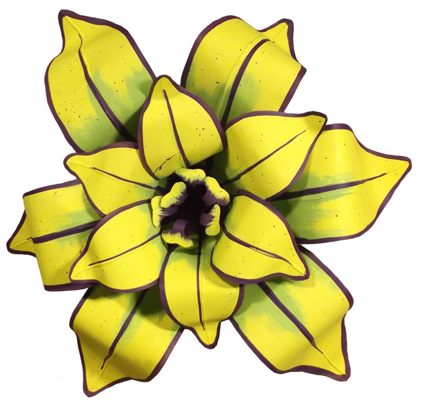 838 - Bush Sculpture: BRIAN BUSH. UNTITLED. Sculpture of flower. Yellow, purple, green. 44 x 44 x 14 in. Signed. Dated 2012. Donated by Carnival Sculpture. Estimated Value: $150