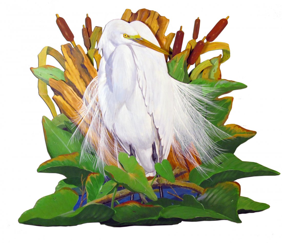 151 - Smith Wall Hanging: GREAT EGRET, V. Multi-dimensional acrylic wall-hanging of egret in swamp scene. Green, brown, white. Signed. Dated '08. 36 x 44 in. Donated by Jack Smith Studio & Gallery. By Appointment Only. 504-488