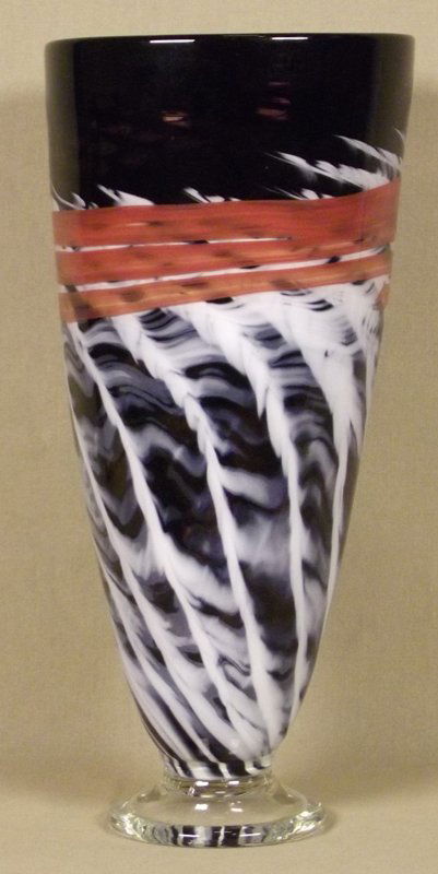 402 - Rosenbaum Vase: LARGE CONE VASE. Hand-blown vase. Black, white, red. Signed. Dated 2007. 17 x 8 x 8 in. Donated by Rosetree Glass Studio & Gallery.