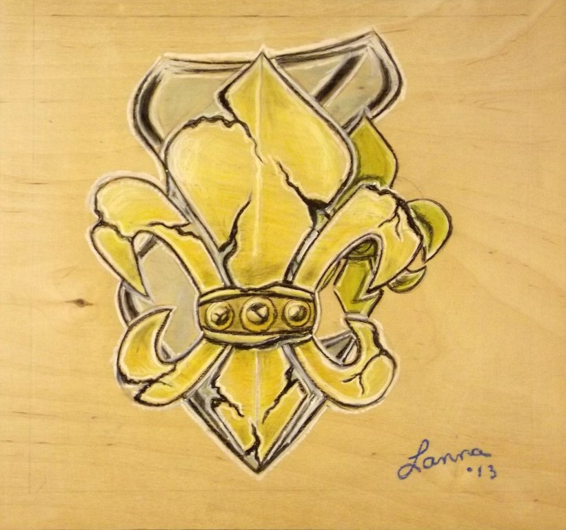 PUGH MIXED MEDIA: LANNA PUGH. FLEUR DE LIS. Mixed media of fleur de lis. Yellow, black, gray. Signed. 13 x 14 in. Donated by Lanna Pugh. On-air Title: Pugh Mixed Media. Estimated Value: $50 WYES Lot Number: 281