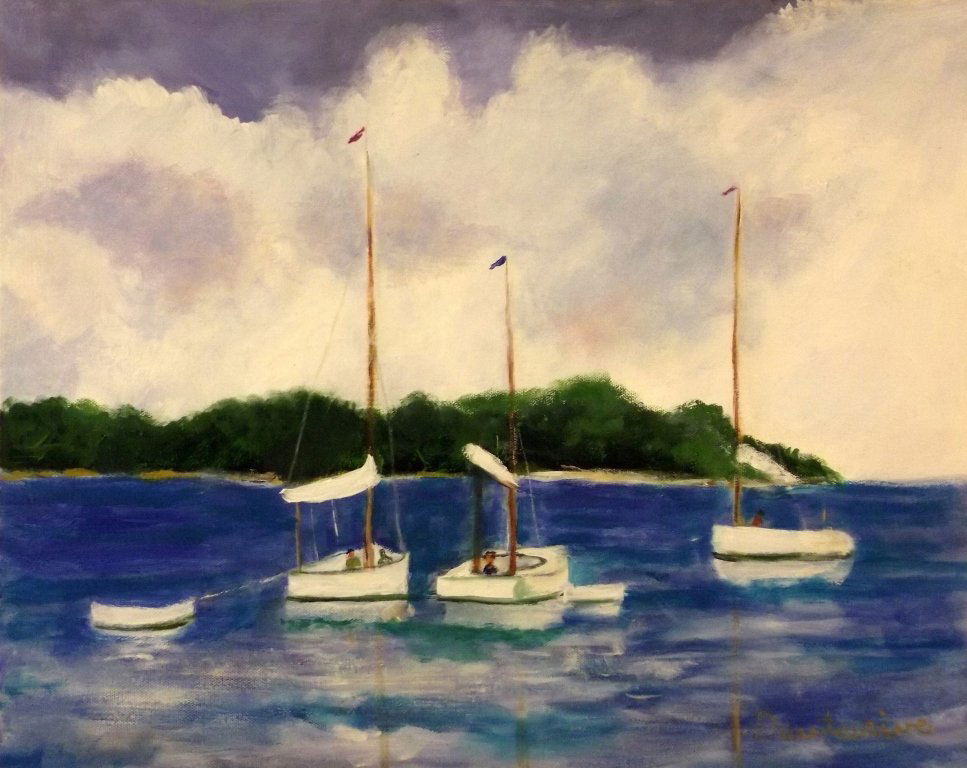 DAUTERIVE OIL: MURIEL DAUTERIVE. SAIL BOATS. Oil of boats. Blue, green, white. Signed. 16 x 20 in. Gallery wrapped. Donated by Muriel Dauterive. On-air Title: Dauterive Oil. Estimated Value: $375 WYES Lot Number: 30