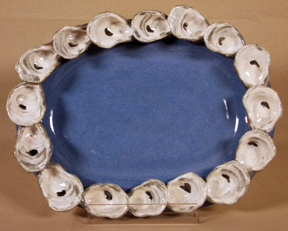 MATHERNE POTTERY: LISA MILLS MATHERNE. OYSTER PLATTER. Ceramic oyster plate. Blue, gray, white. 11 x 14 in. Donated by Lisa Mills Matherne. On-air Title: Matherne Pottery. Estimated Value: $150 WYES Lot Number: 312