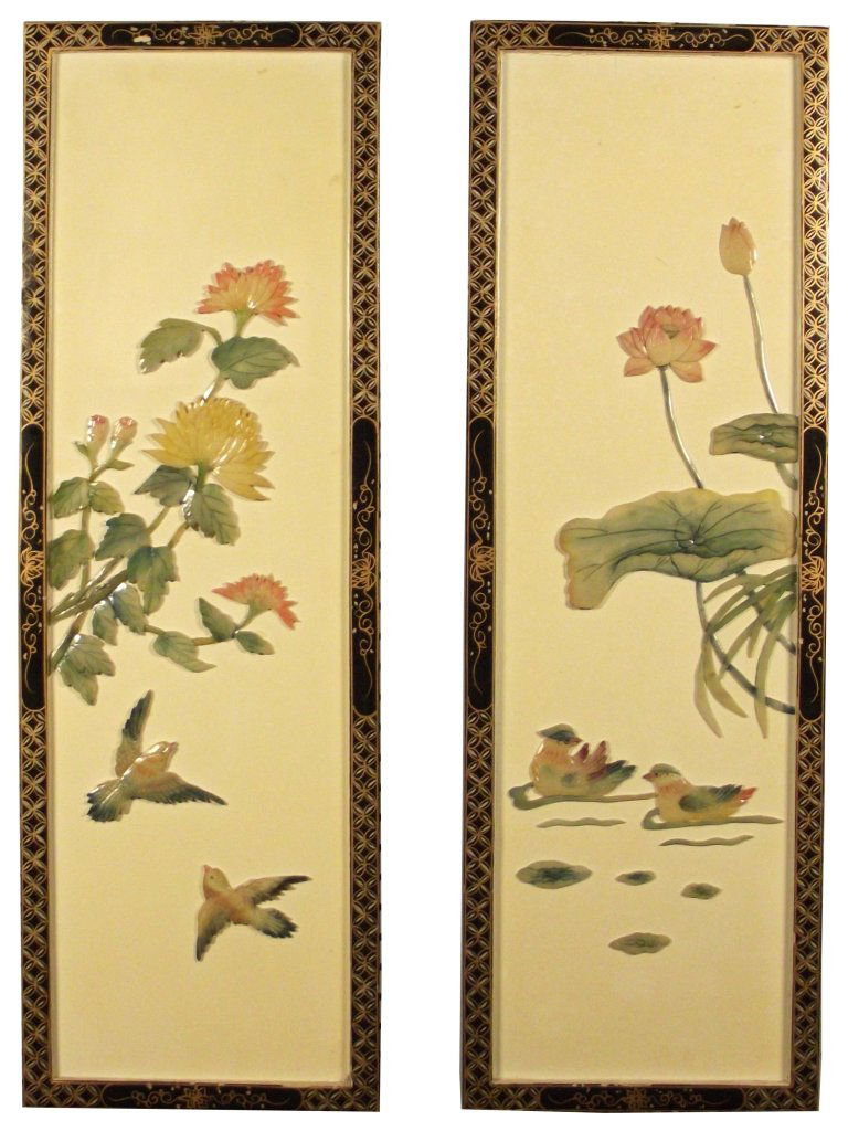 PAIR OF WALL HANGINGS: UNKNOWN. UNTITLED. Pair of mosaic wall hangings of birds. Green, coral, yellow. 36 x 12 in. each. Framed. Donated by a Friend of Art Collection Twelve. On-air Title: Pair of Wall Hangings. Estimated V