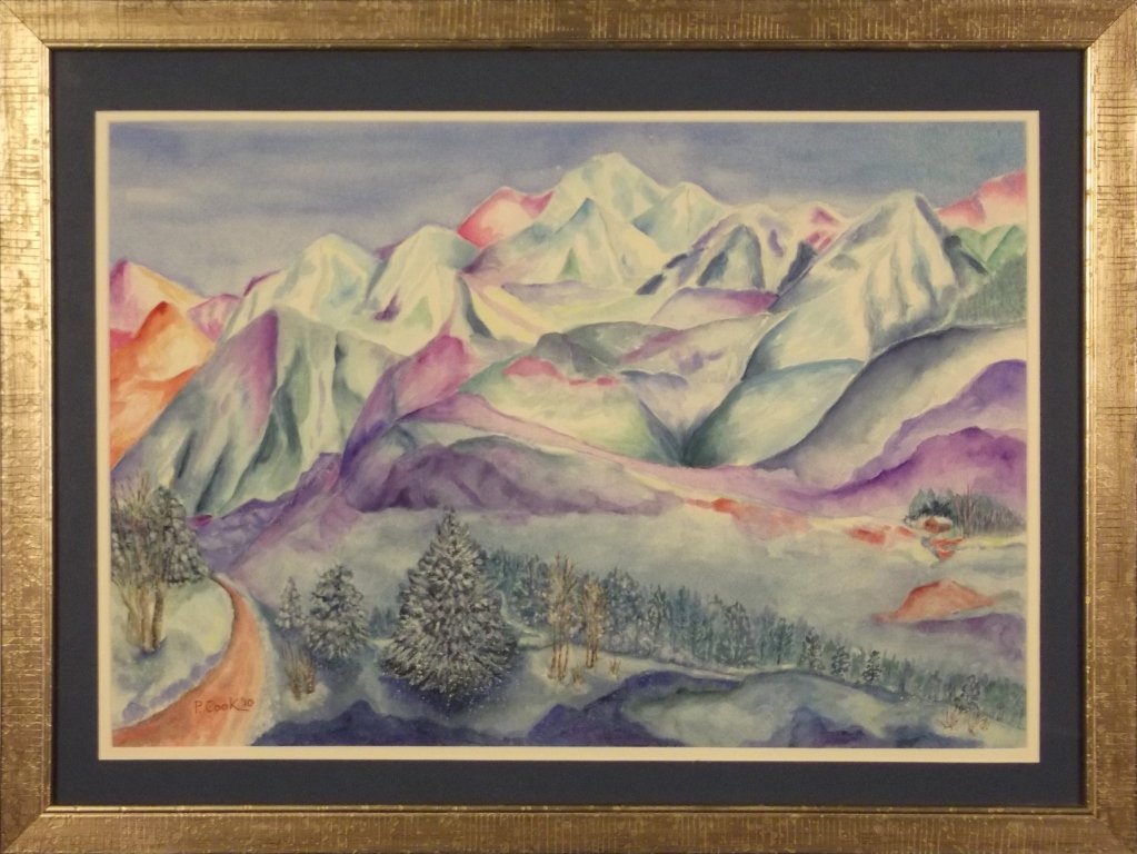 COOK WATERCOLOR: PATRICIA S. COOK. SNOW CONE COUNTRY. Watercolor of mountain scene. Blue, purple, white. Signed. Dated '10. 20 x 27 in. Framed. Donated by Patricia S. Cook, MD. On-air Title: Cook Watercolor. Estimated
