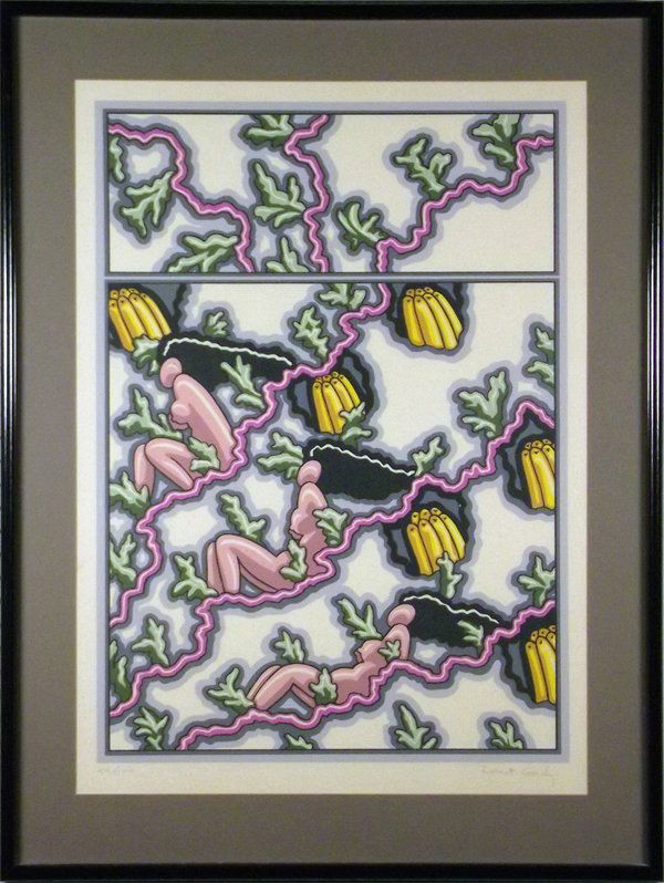 GORDY PRINT: ROBERT GORDY. UNTITLED. Semi-abstract print of figures. Green, yellow, pink. Signed. Numbered 59/100. 38 x 28 in. Donated by a Friend of Art Collection Twelve. On-air Title: Gordy Print. Estimated Val