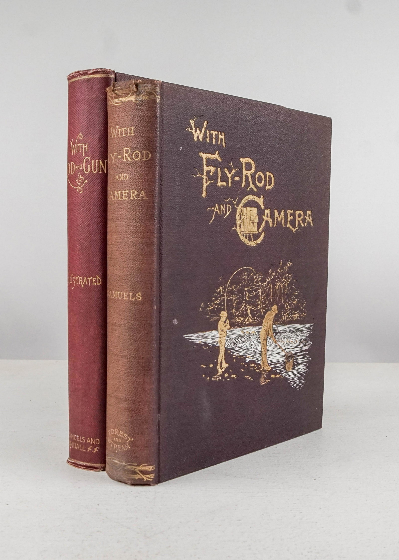 Samuels, Edward A.With Fly-Rod and Camera * With Rod: Samuels, Edward A.With Fly-Rod and Camera * With Rod and Gun in New England. Together 2 volumes. Profusely illustrated. 4to, gilt-pictorial cloth; spine-ends frayed, generally clean and sound otherwis
