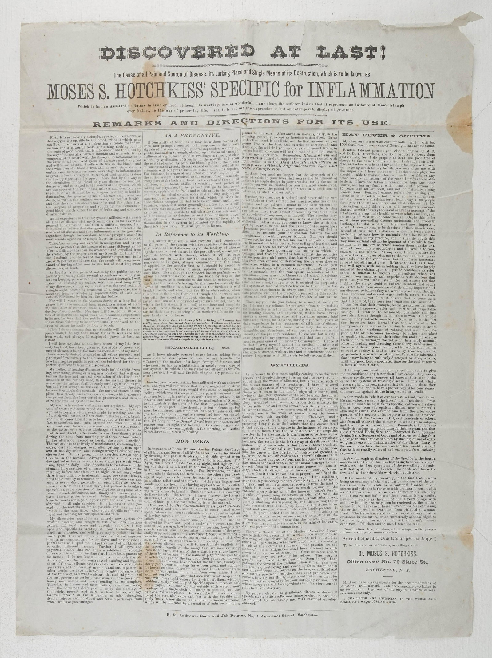 Broadside: 23. Broadside.Discovered At Last! The Cause of All Pain and Source of Disease...Moses S. Hotchkiss' Specific for Inflammation. Letterpress broadside. 19 x 14 inches; folded, top-margin frayed, several