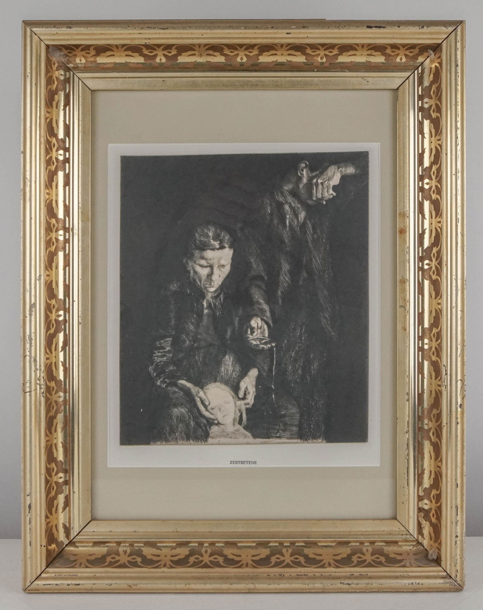 Kolliwitz, Kathe: 110. Kolliwitz, Kathe.Zertretene. Black and white print on white paper. 9 x 7-5/8 inches plus margins, neatly matted, in glass-fronted gilt frame. Np, 20th-century [150/250]