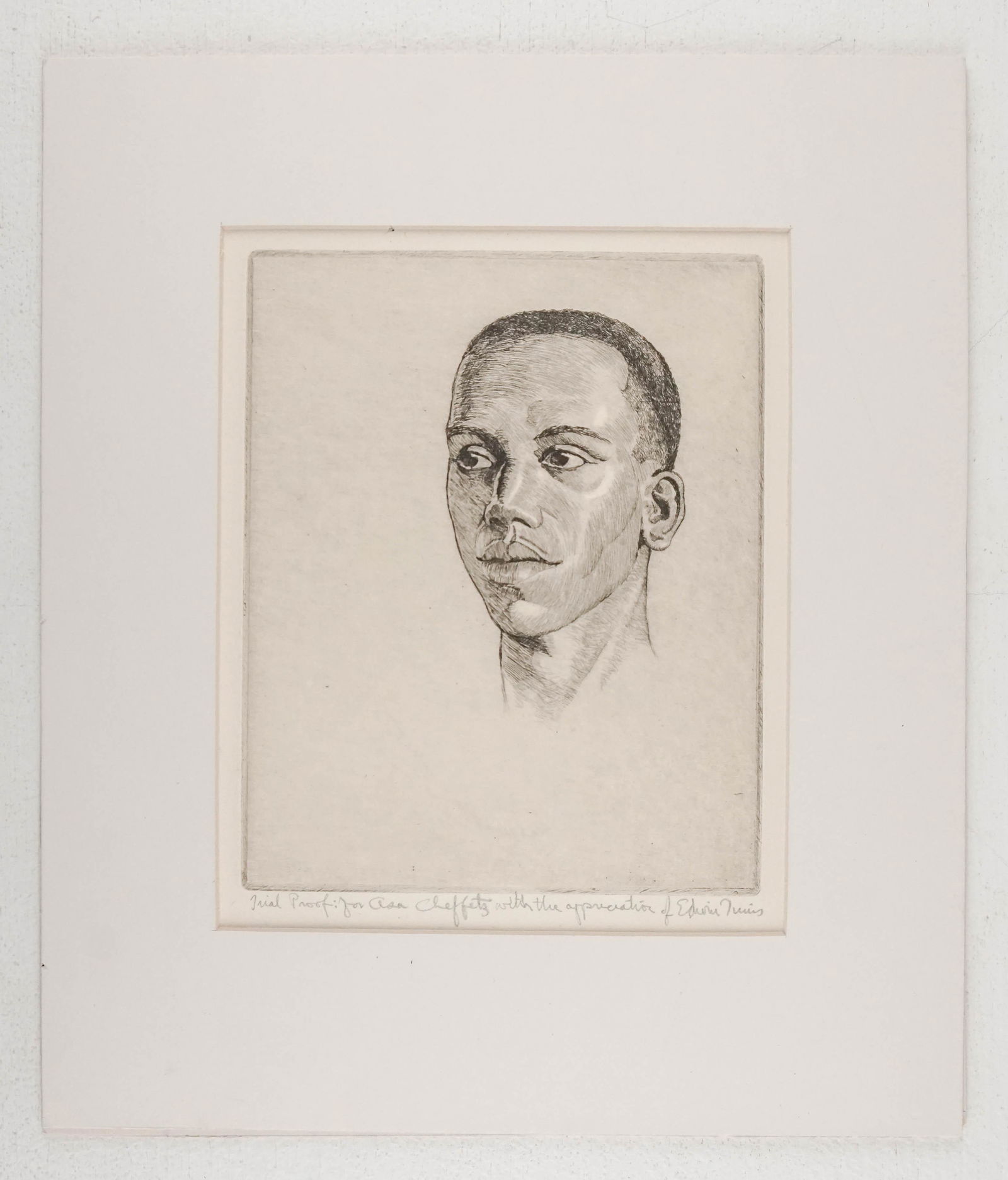 Tunis, Edwin: 180. Tunis, Edwin.Fine etched portrait of an African-American. 7 x 6-3/4 inches, matted.Np, nd [150/250]. ---TRIAL PROOF inscribed to Asa Cheffetz and SIGNED BY TUNIS.