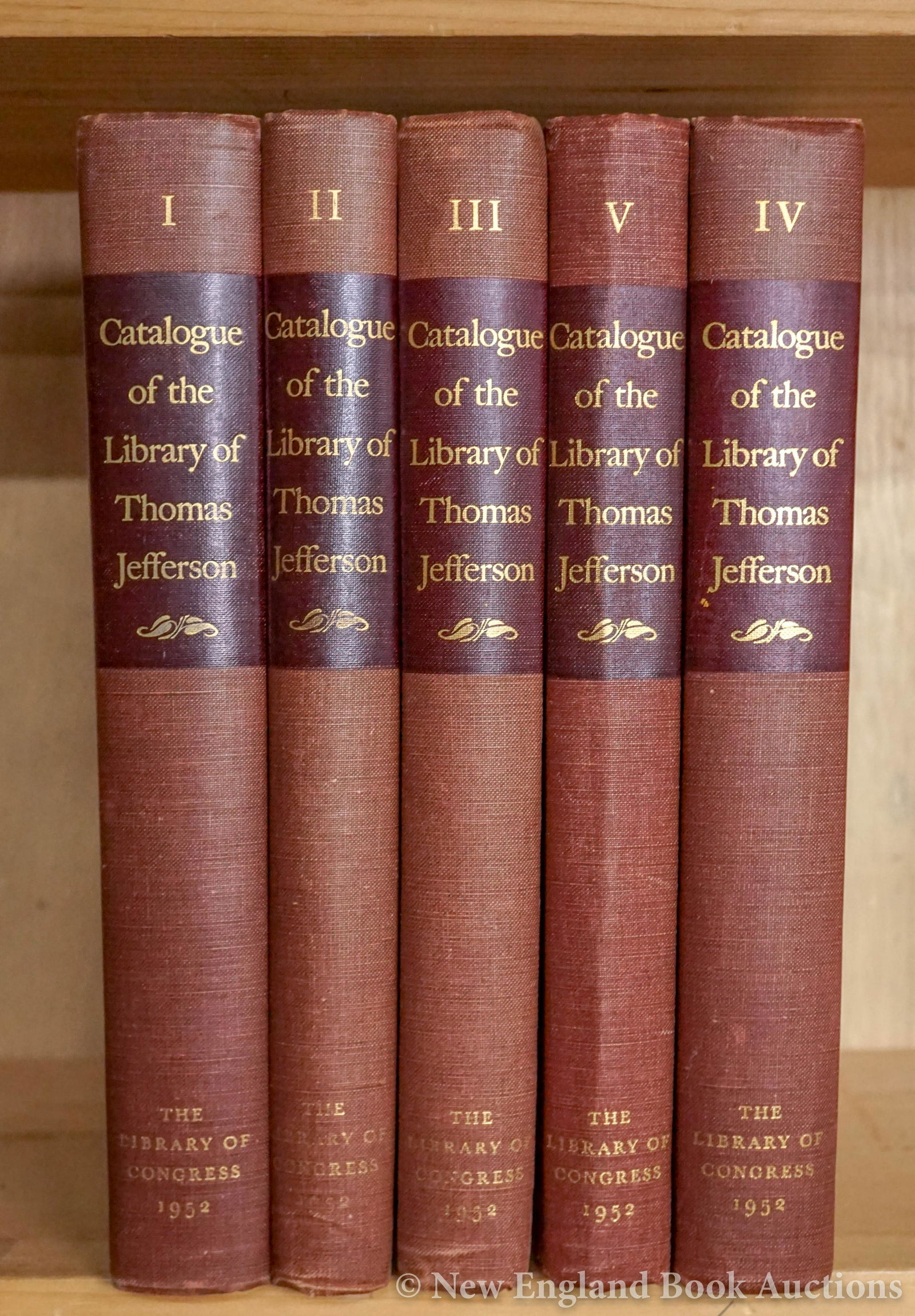 Sowerby, E. Millicent,: 129. Sowerby, E. Millicent,.editor. Catalogue of the Library of Thomas Jefferson. 5 volumes. 4to, cloth; light wear. Charlottesville, VA , 1952 [100/150]Inscribed to Jacob Blanck and SIGNED BY SOWERBY