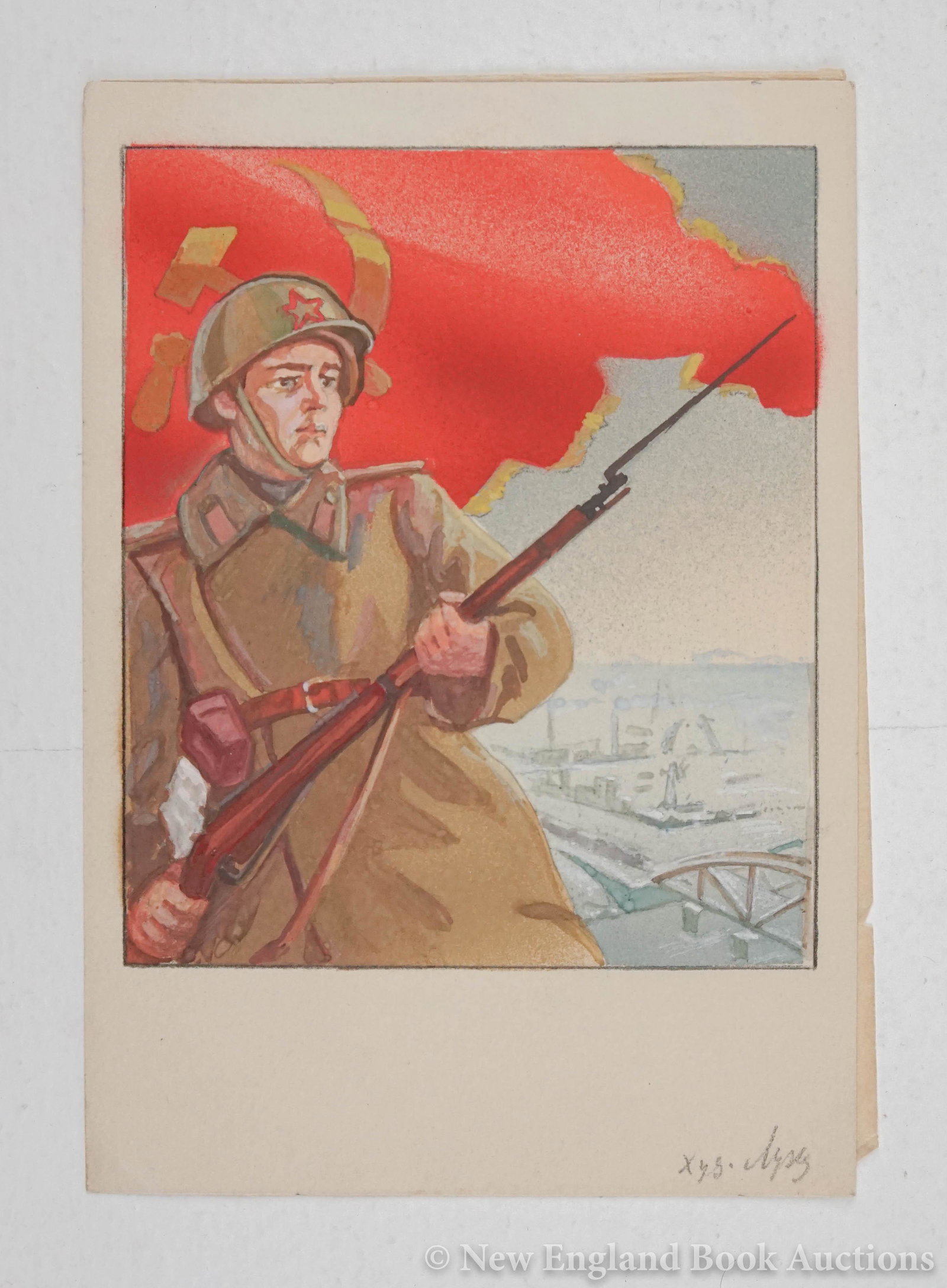 Luzgin, Petr,: 100. Luzgin, Petr, . attb. Watercolor design for a poster. 5 x 4 inches plus margins, pencil description on verso; light wear. Soviet Union, 1940s [75/100]