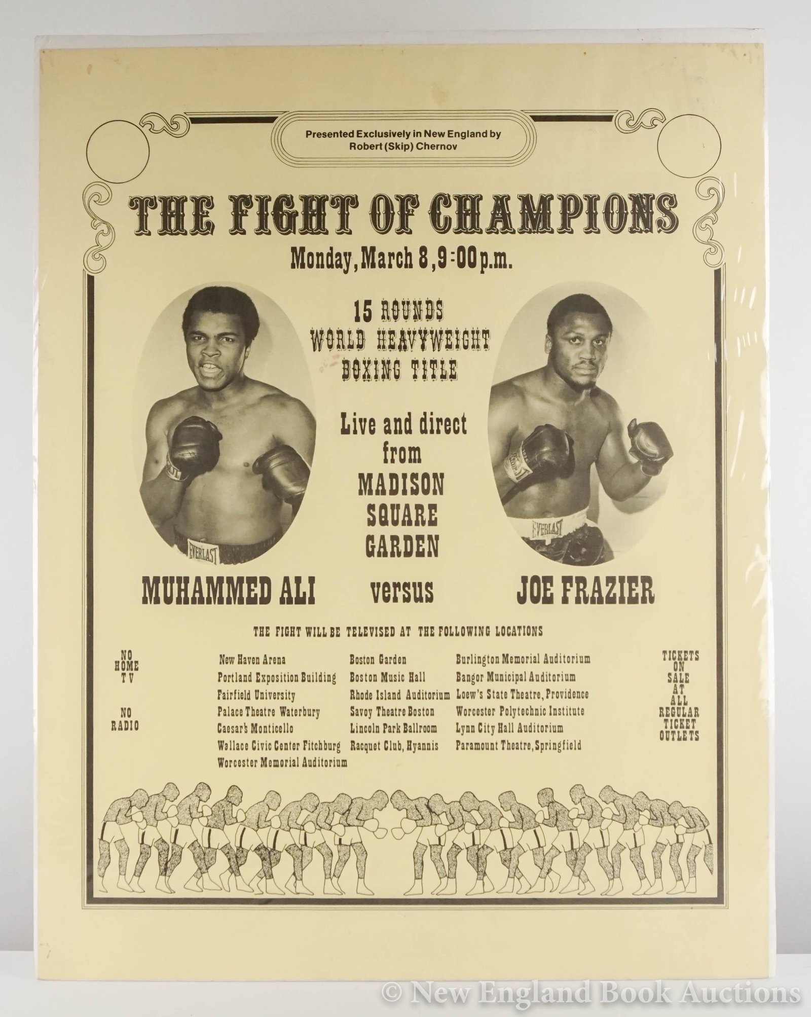 (Ali, Muhammed): 126. (Ali, Muhammed). The Fight of Champions. Muhammed Ali versus Joe Frazier. Illustrated poster lettered in black. 22-1/2 x 17-1/2 inches; some creasing.[New England], March 8, [1971] [80/120]Presen