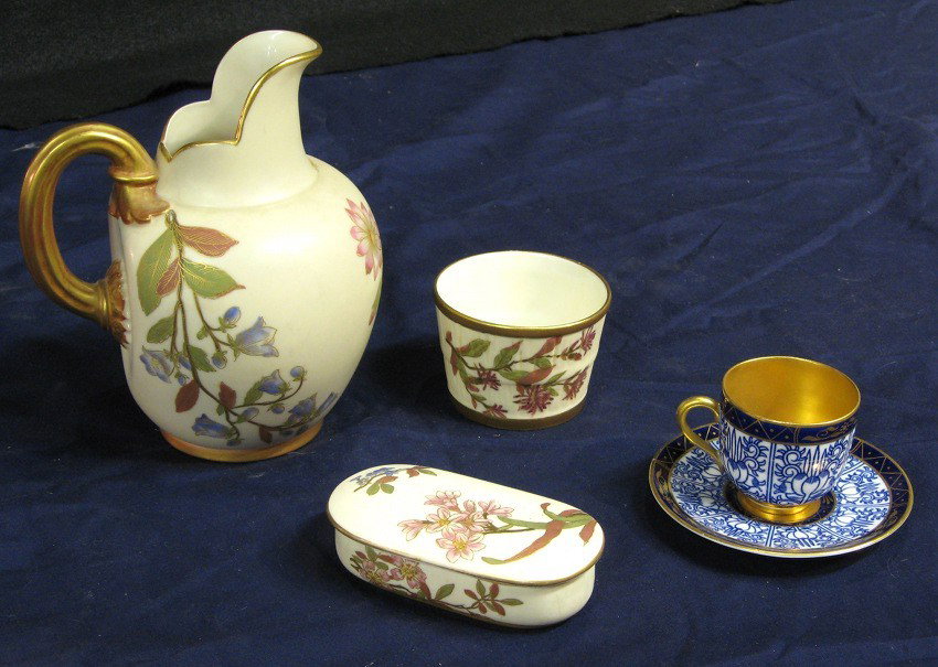 Royal Worcester: Group of 4 items in various patterns, as listed below. Light wear. 6-1/2 inch high floral decorated pitcher in pattern 1094. (1888) * 3 inch wide ramekin (n.d. visible) * 4 inch long floral decorated,