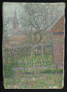 Pointillist Impressionist Oil: Well executed pointillist landscape by an unknown artist, depicting a tree filled churchyard with steeple in the background. Completed in greens, pinks, lavenders, etc. 18 x 12-3/4 inches on canvas, c