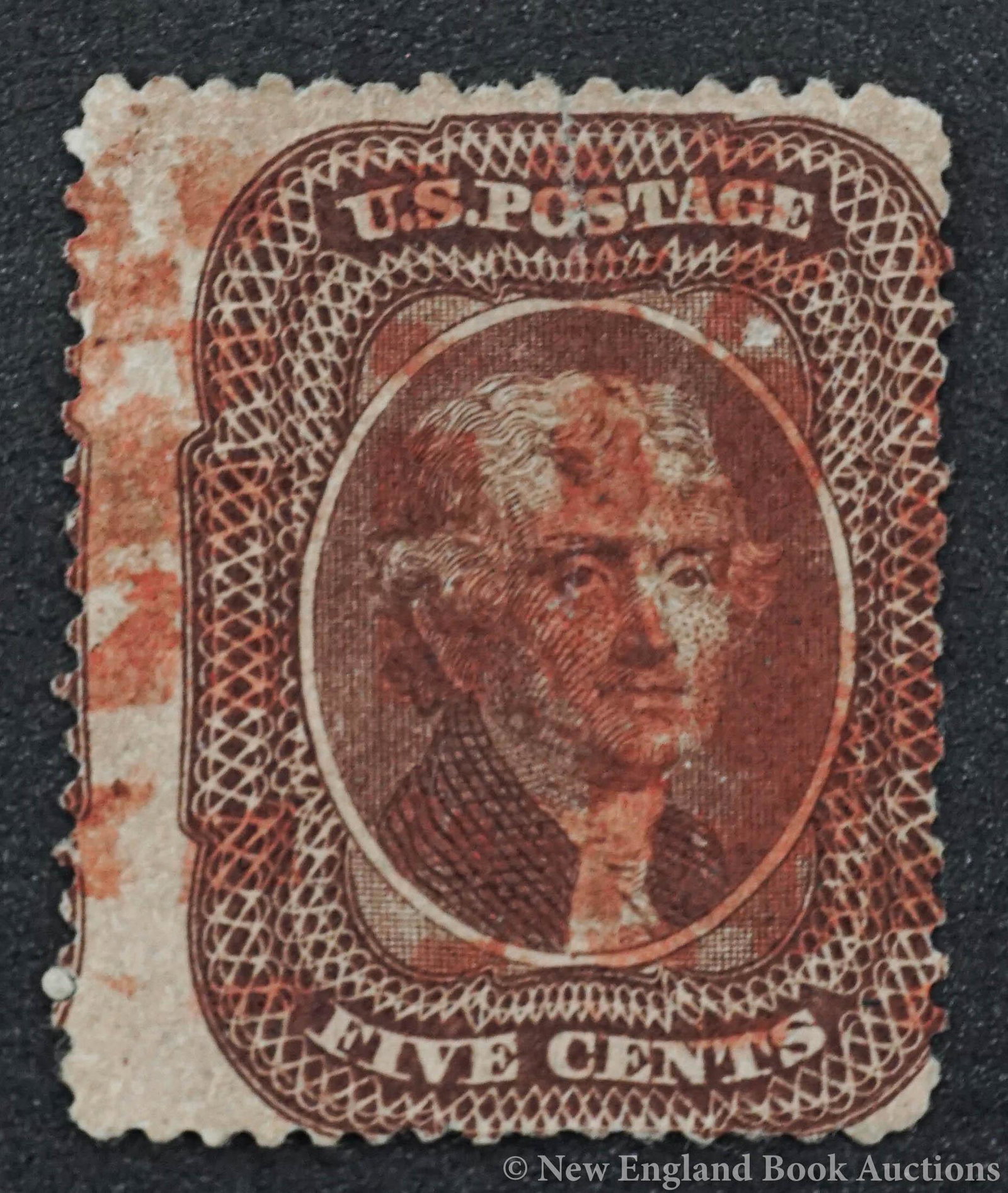 Scott #29: 225. Scott #29. Scott #29. 5c. Red ink cancel, Remnants of hinge.
