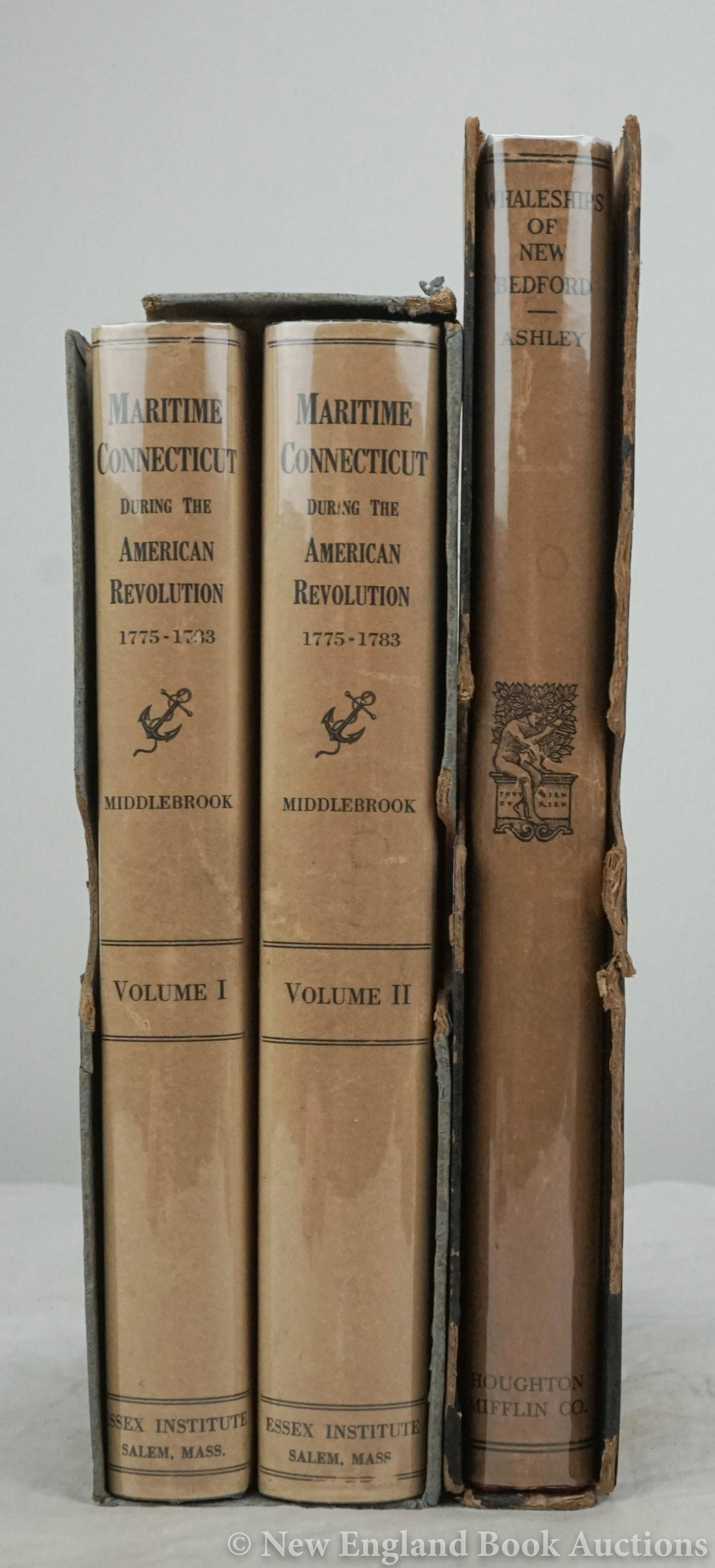 Maritime: 65. Maritime.Middlebrook. Maritime Connecticut during the American Revolution. 2 volumes * Ashley. Whaleships of New Bedford. Together 3 volumes. Illustrated. 4to or 8vo, cloth, dust jackets, slipcase