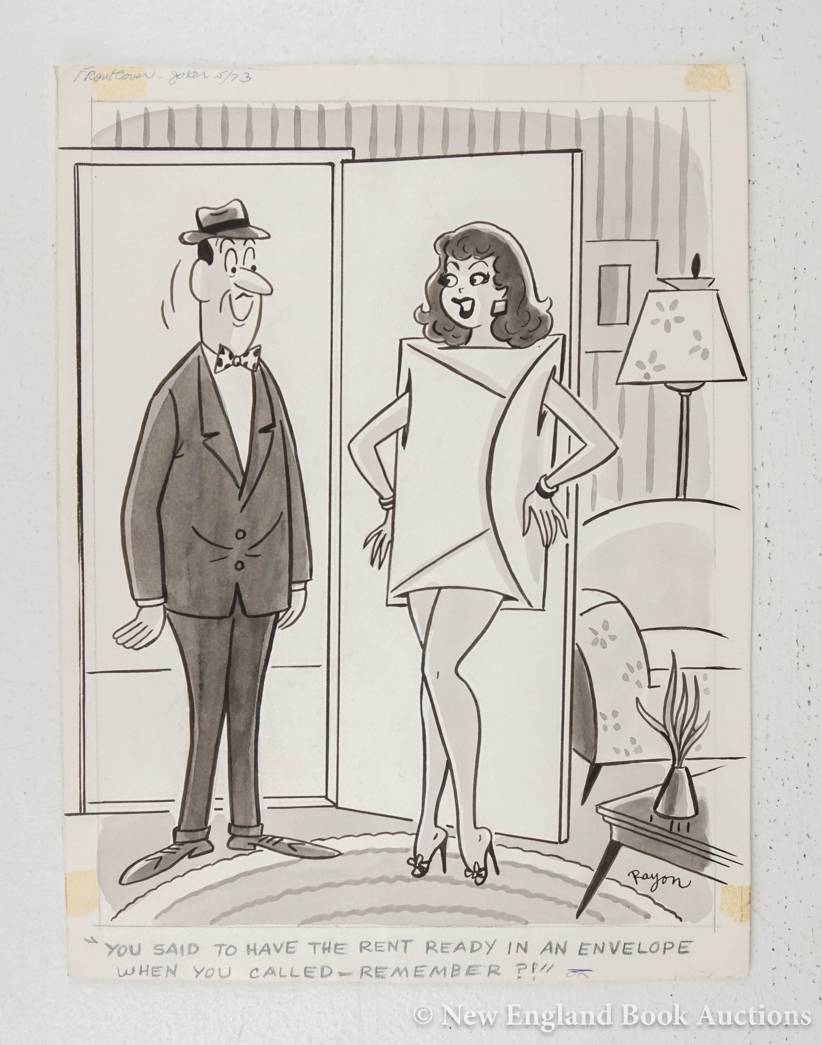 Rayon, Stanley: 139. Rayon, Stanley. Original pen and ink cartoon for Humorama's Joker Magazine. 13-1/2 x 10-1/4 inches; a few tape marks at margins, Publisher's stamp on verso. SIGNED BY RAYON. American, (1973) [75/
