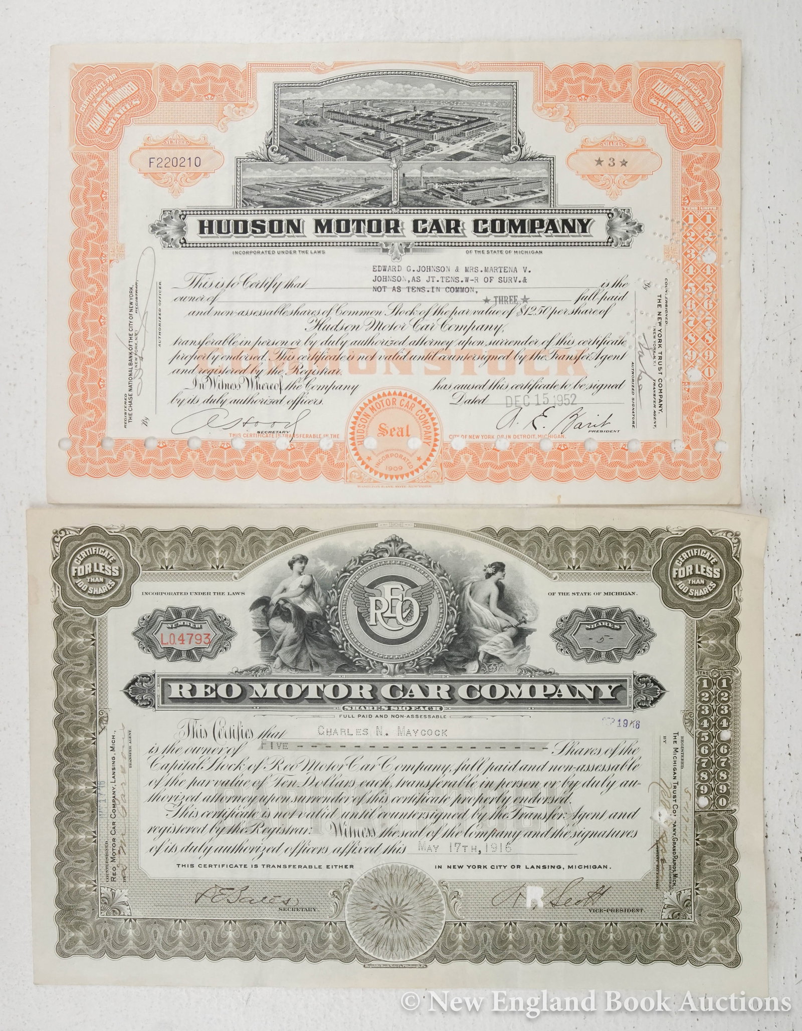 Automobile Stock: 200. Automobile Stock. Group of 8 certificates, as listed below. Most with vignette. Each about 8 x 11 inches, issued; first 2 uncancelled. American, vd [250/350] Durant Motors, Incorporated. 1925 * P