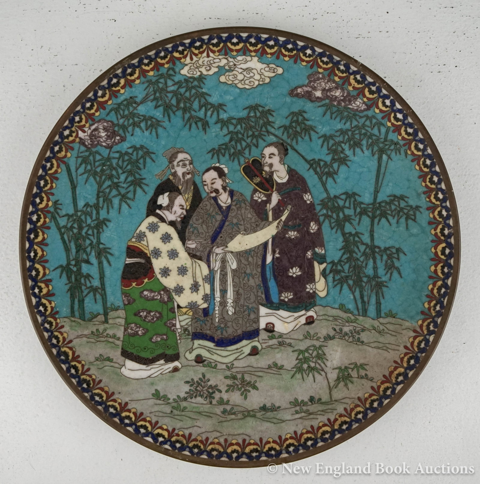 Japanese Cloisonné: 224. Japanese Cloisonné . Cloisonné enamel on bronze charger depicting 4 scholars. 12 inch diameter; bottom rim bumped with some loss of enamel. Japan, Meiji [100/150]