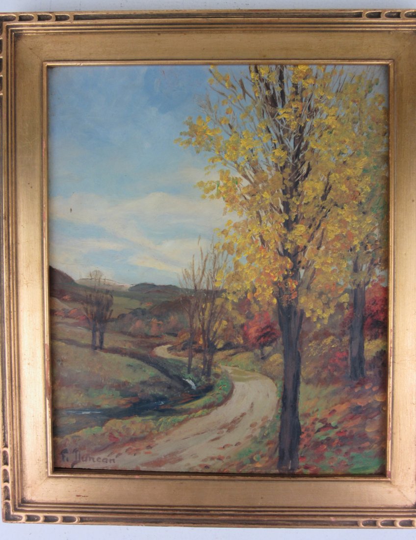 Duncan, F.: Original oil landscape on board. 11-3/4 x 9-3/4 inches, contemporary gilt-wooden frame. SIGNED BY DUNCAN.