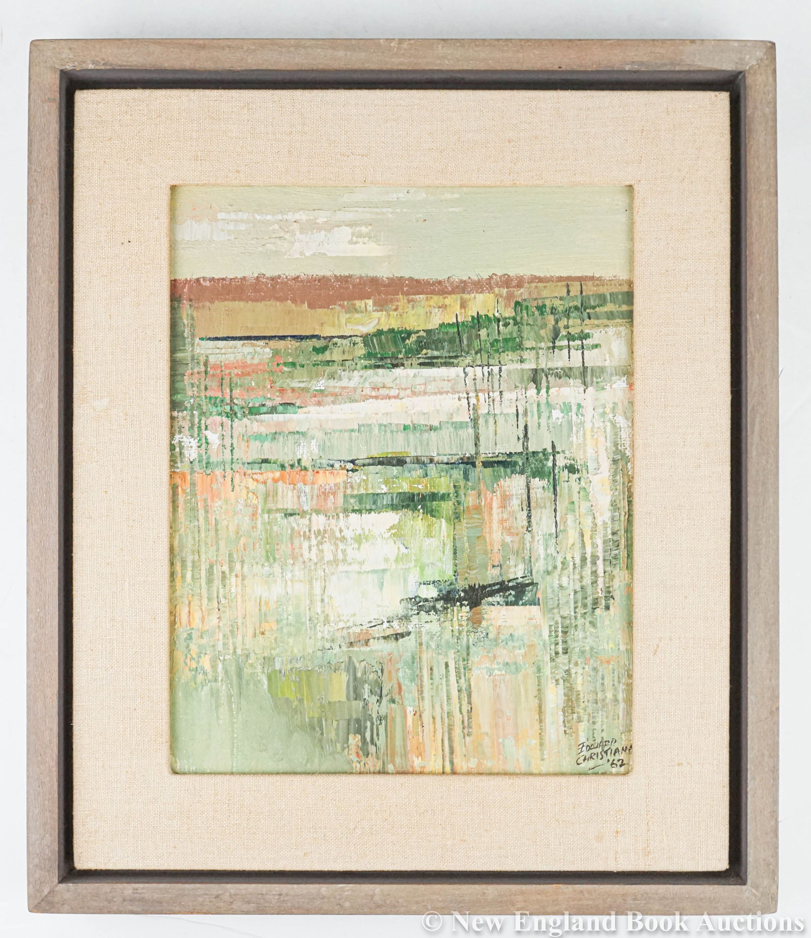 Christiana, Edward: 47. Christiana, Edward. Elm Tree Series: Across the Lowlands. Oil on masonite. 9-1/2 x 7-1/2 inches, neatly matted, in wooden frame. SIGNED BY CHRISTIANA. Np, 1962 [300/500]