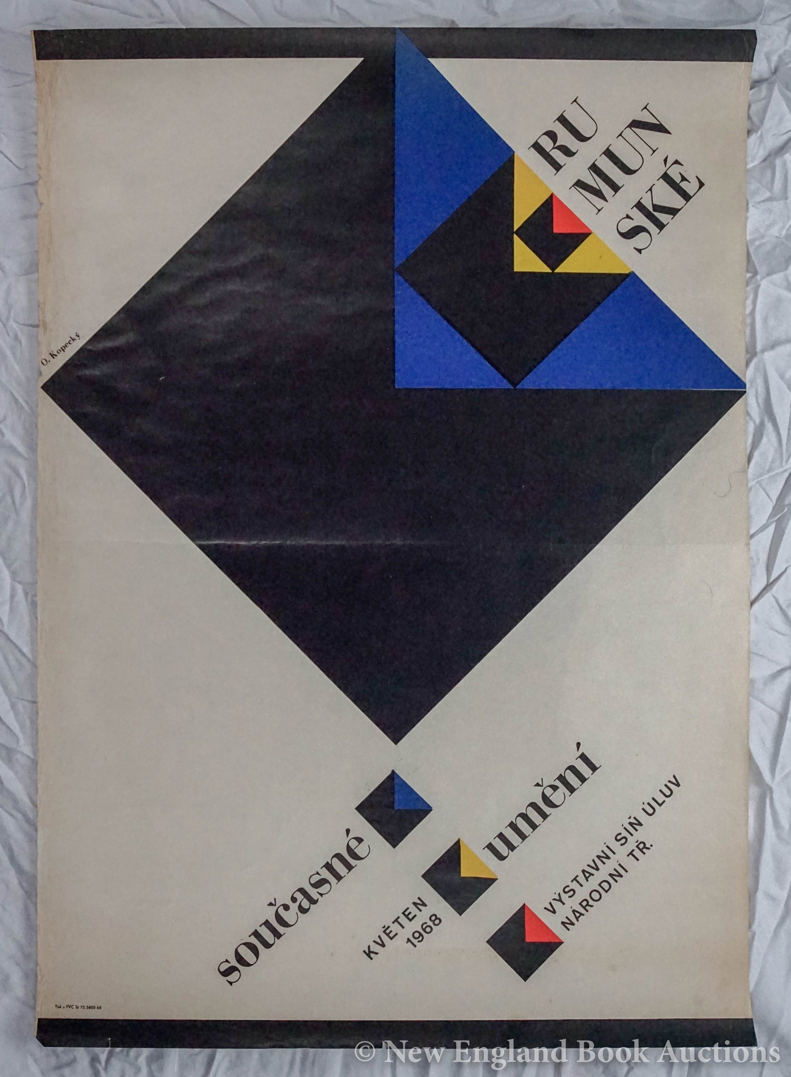 Czech Poster: 57. Czech Poster. Kopecký, O. Rumunské Soucasné Umení. Silkscreen poster. 32-3/4 x 23 inches; some creasing, soiling and fraying at margins. Czech, 1968 [75/100]