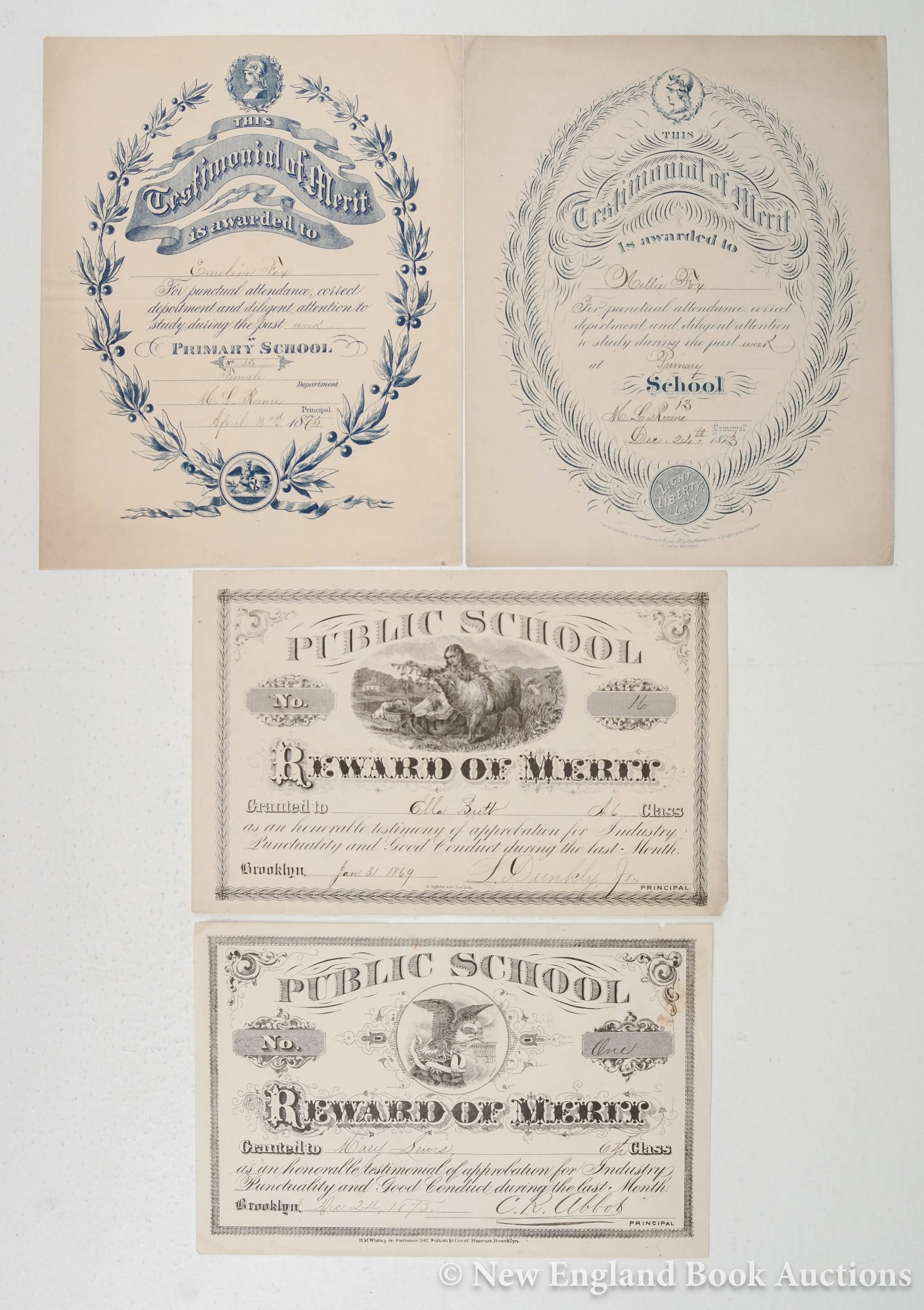Rewards of Merit: 179. Rewards of Merit. Collection of 15 rewards. Most illustrated, including some hand-colored. Between 8 x 6-1/2 and 2 x 3-1/2 inches, a few finished in ink; moderate wear. Vp, Circa 1820s-70s [75/10