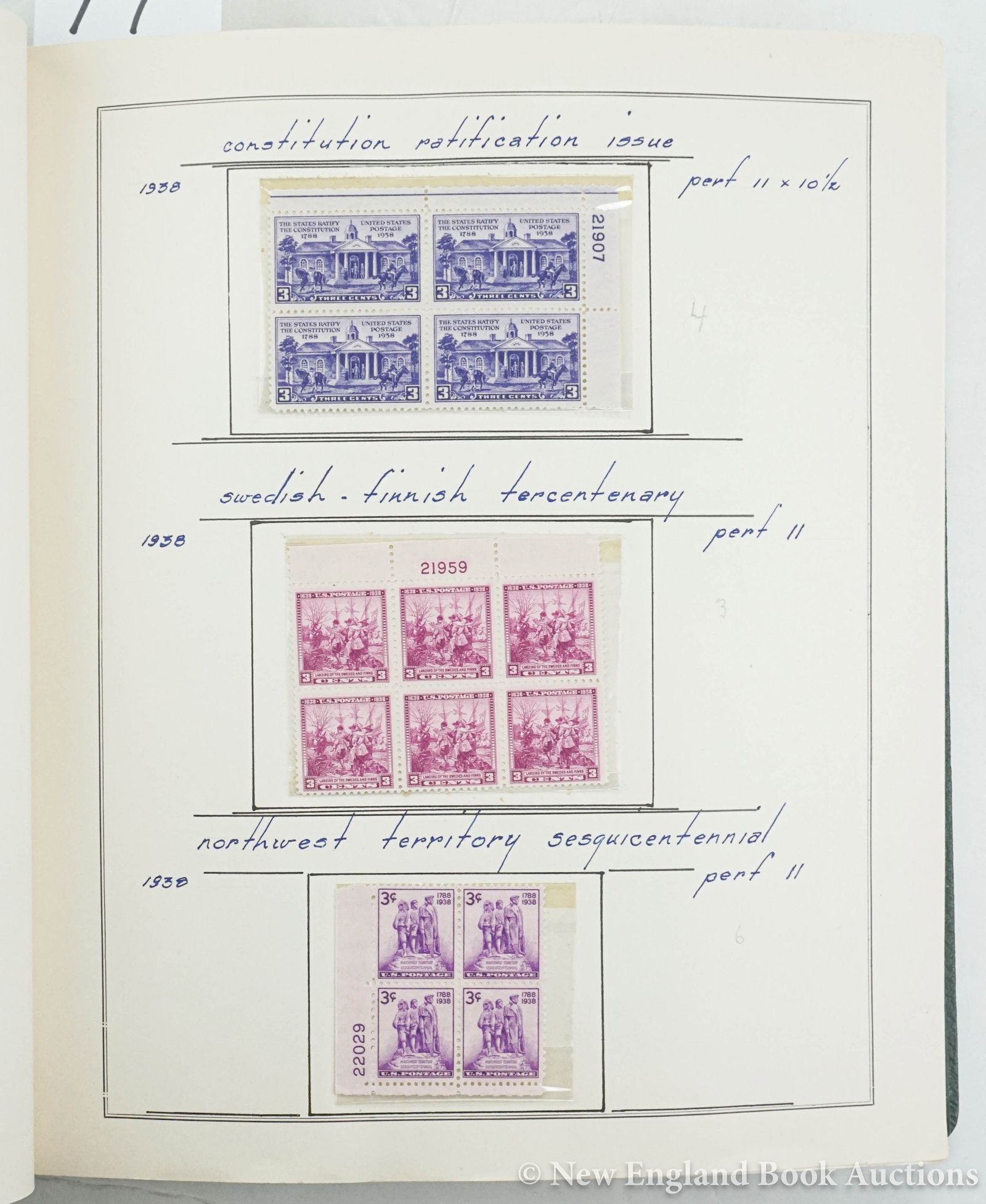 Stamps: Scotts plate block U. S. commemoratives plate block album (all unused)