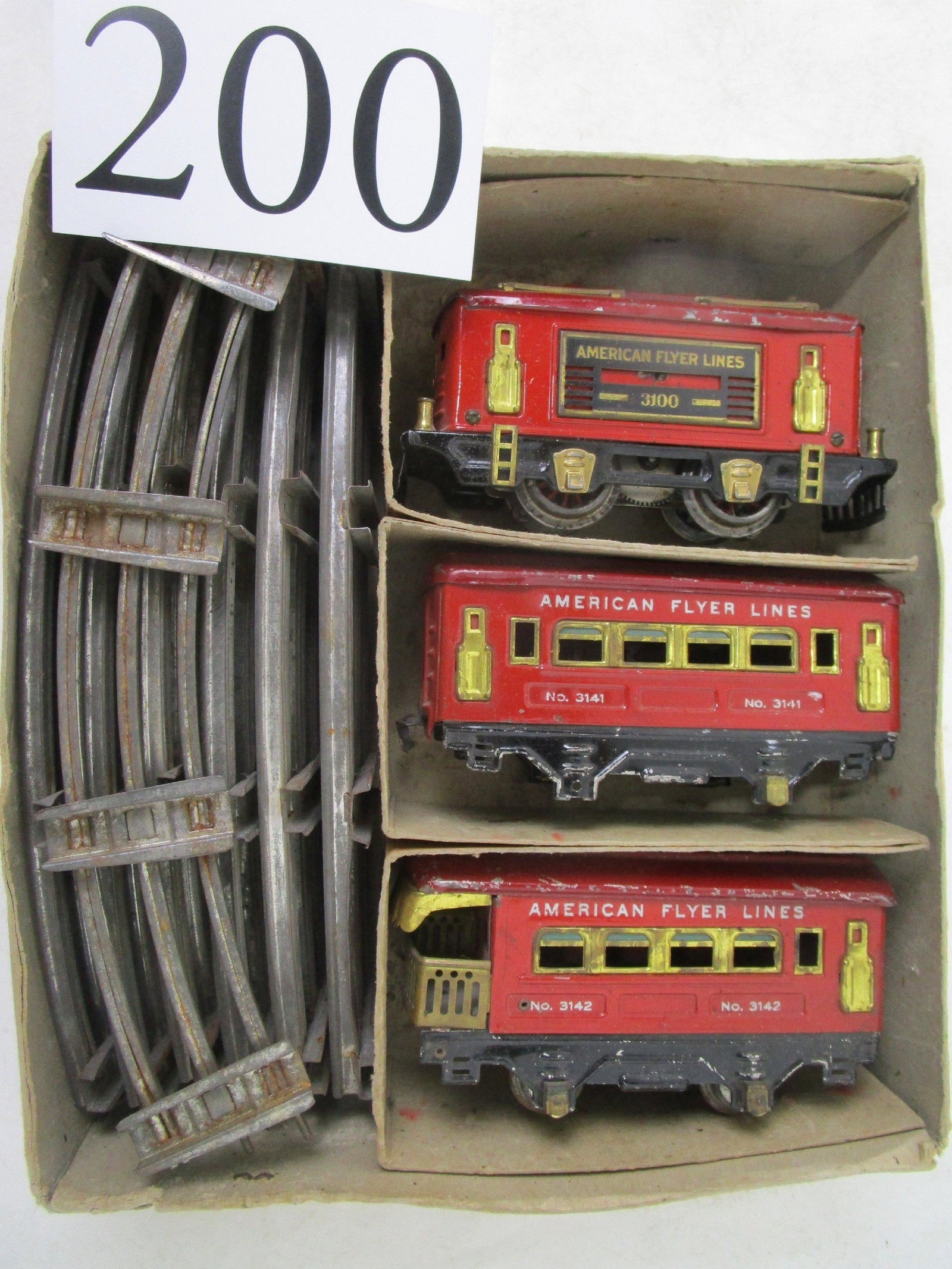 American Flyer Train: Narrow gauge American Flyer #3100 red engine, #3141 passenger car, #3142 observation car, Vanguard Model 1312 in original box