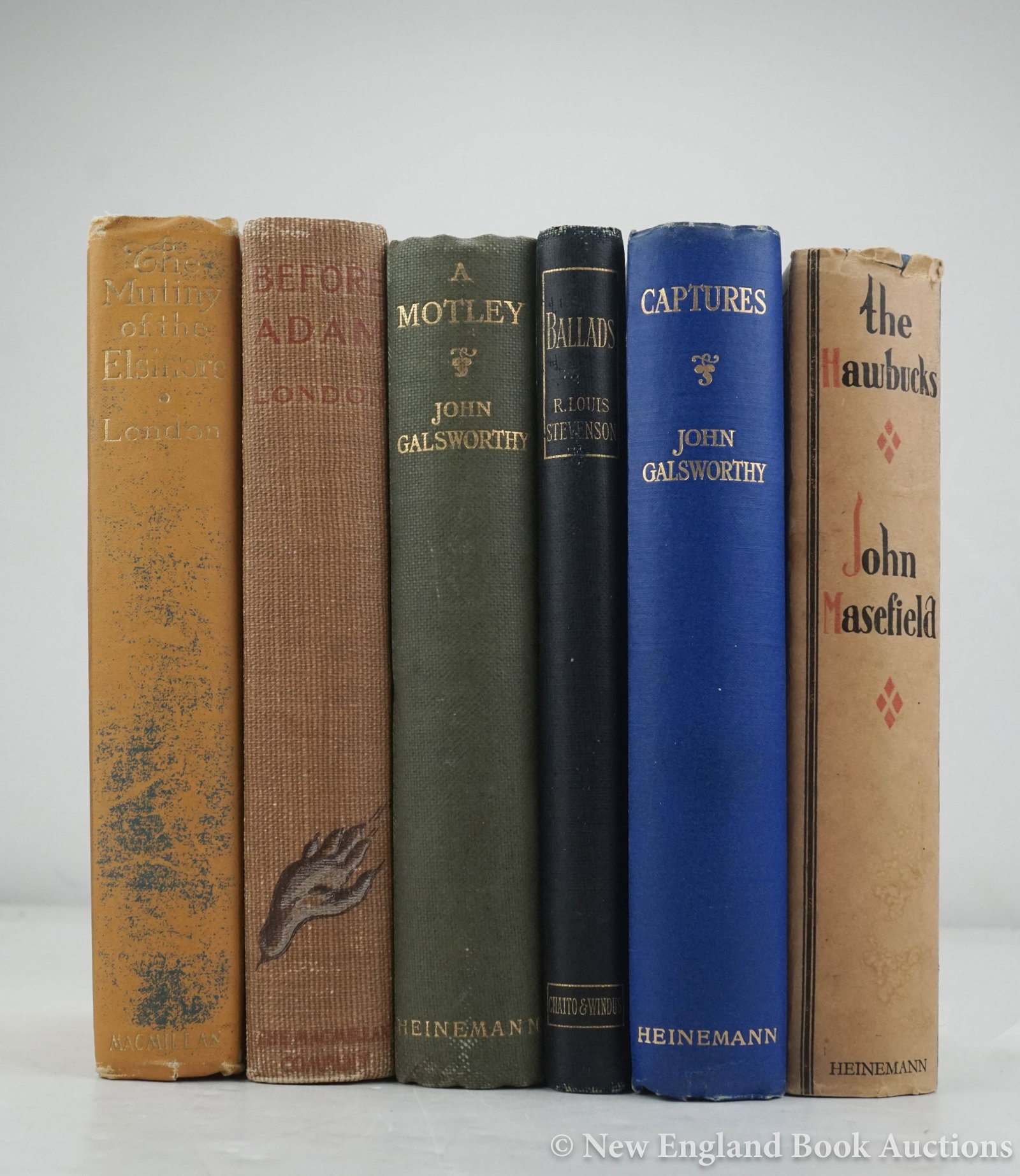 Literature: 2. Literature. Group of 6 volumes, as listed below. 8vo, cloth, first with dust jacket; varying wear. FIRST EDITIONS. Vp, vd Masefield. The Hawbucks. (1929) * London. Before Adam. 1907 * London. The M