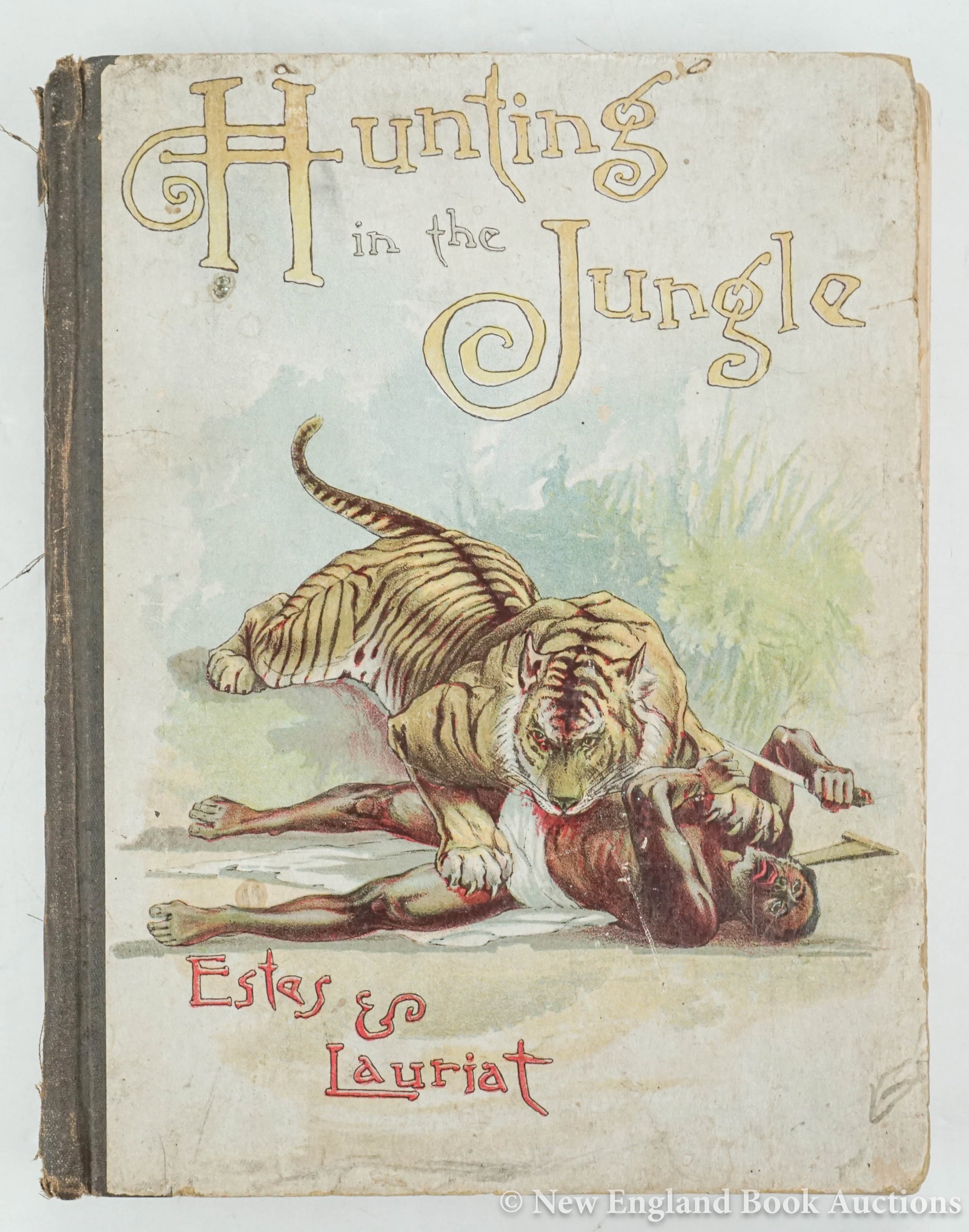 Kellogg, Warren F: 56. Kellogg, Warren F. Hunting in the Jungle with Gun and Guide. Illustrated. 4to, cloth-backed pictorial boards; spine worn with loss, joints split, generally sound internally. Boston: Estes and Laur