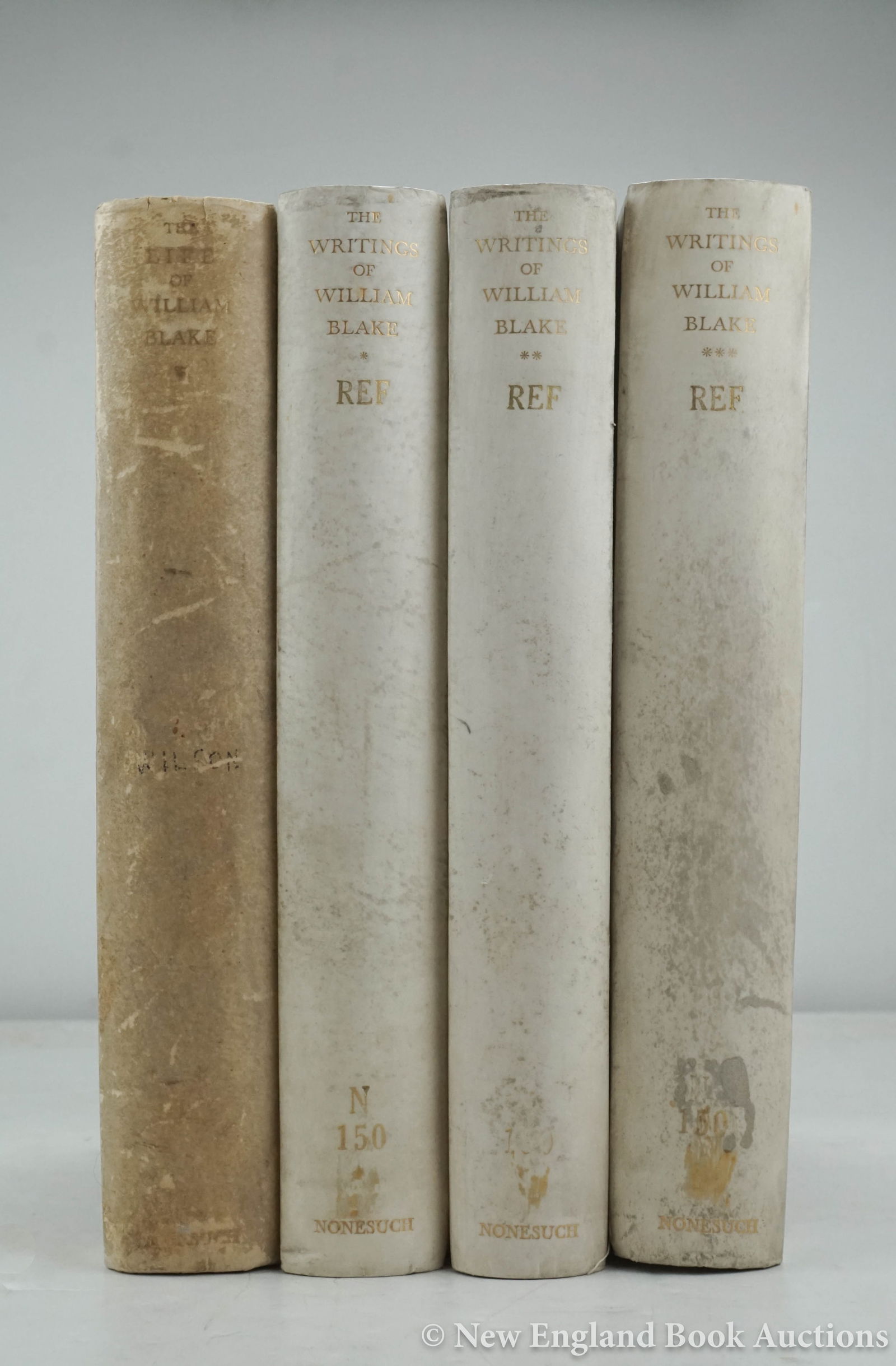 (Blake, William): 161. (Blake, William). Keynes. The Writings of William Blake. 3 volumes * Wilson. The Life of William Blake. Illustrated. 4to, gilt-lettered parchment-backed boards; moderate wear, library stamps on t