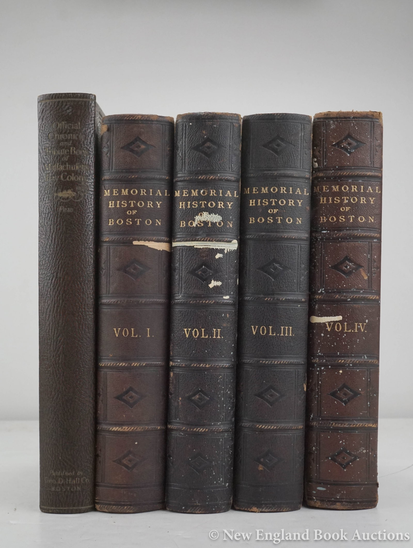 Boston: 170. Boston. The Memorial History of Boston 1630-1880. Edited by Justin Winsor. (4) volumes. Full gilt embossed Leather. (1880). * Together with Massachusetts Bay Tercentenary 1630-1930. Official Chro