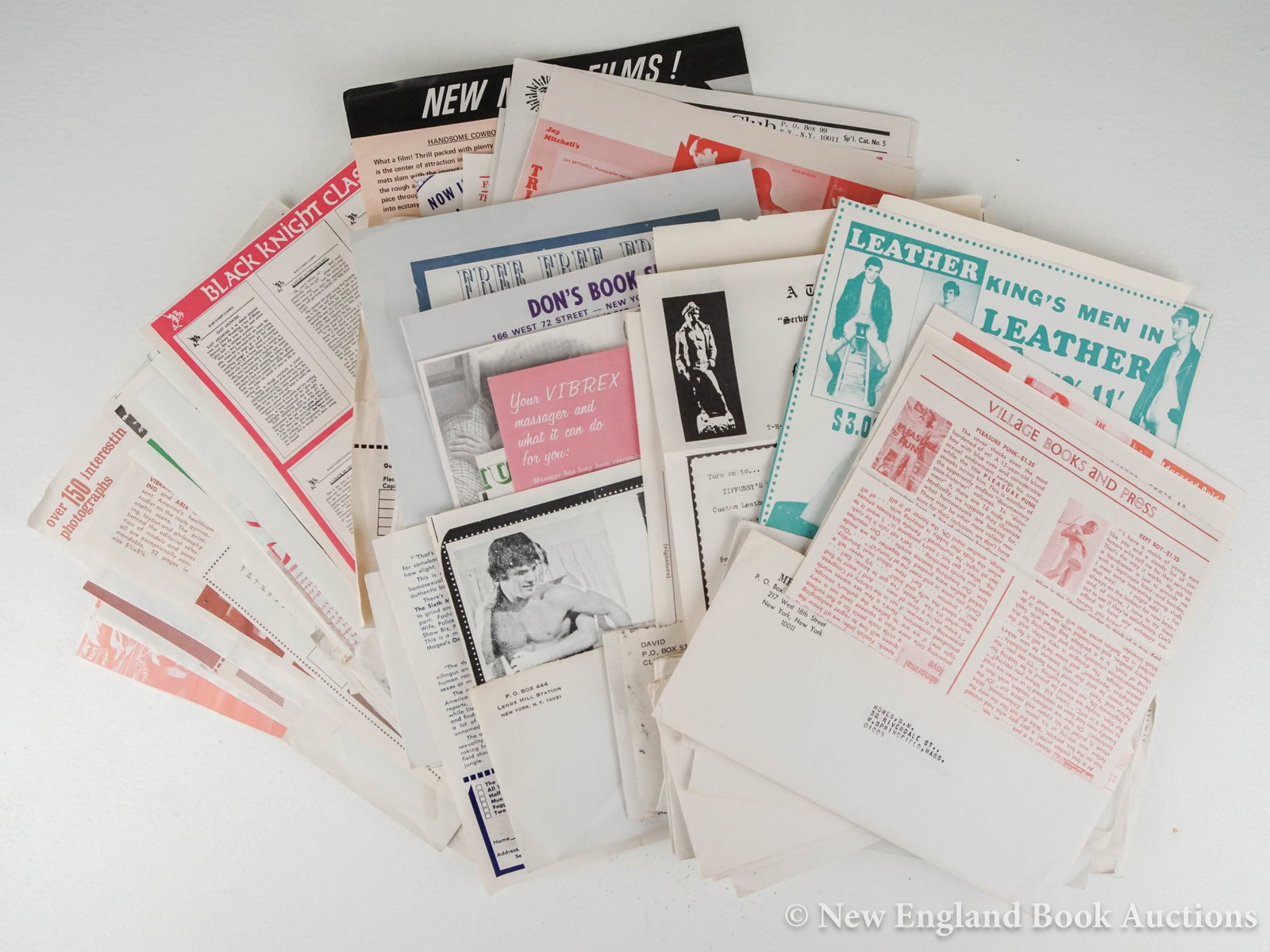 Gay Periodicals: 63. Gay Periodicals. Group of over 100 advertising brochures for various gay periodicals. Male nude illustrations. 1 or 2 pages. 4to, most with original mailing envelope; moderate wear. American, 1960