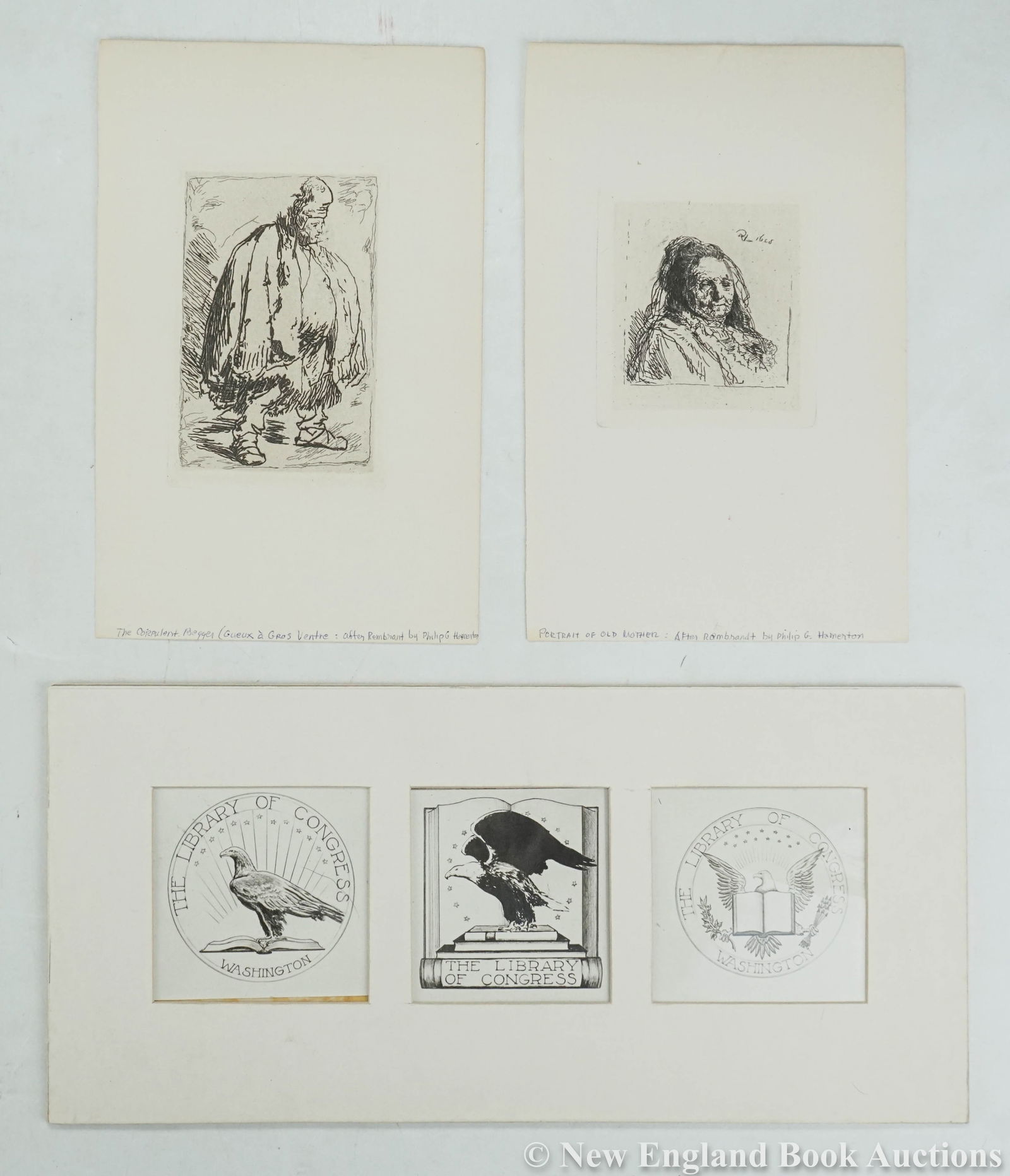 Etchings: 67. Etchings. etc. Group of 7 etchings or prints. Various sizes; varying wear, first remargined. Vp, vd [200/300] Arms, John Taylor. Stanwick Churchyard. Image 2-1/4 x 3-1/4, overall 3 x 4 inches, mat
