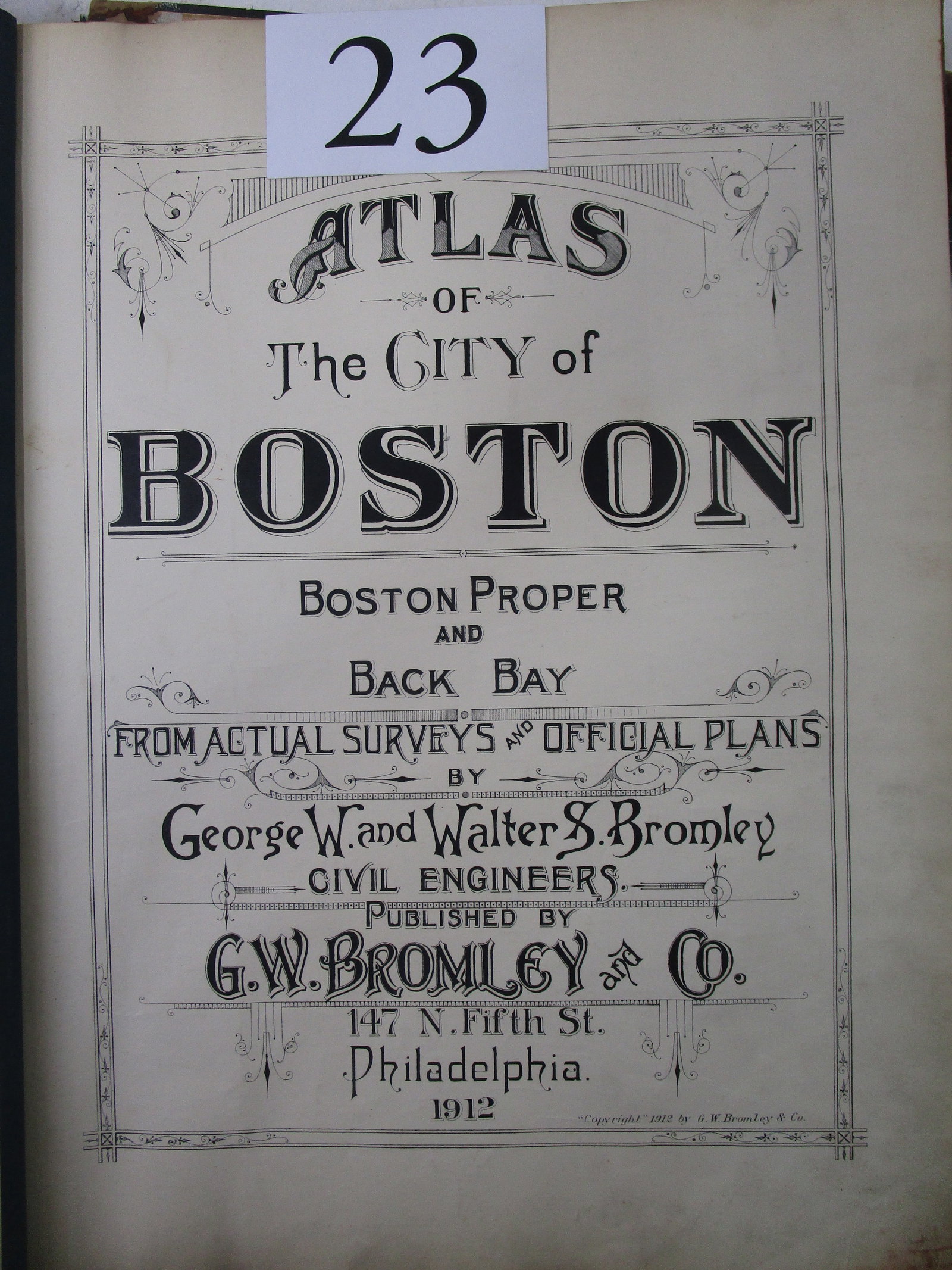 Atlas: Atlas of The City of Boston 36 double-page maps. Large folio, leather-backed boards; partially disbound. G.W. Bromley & Co.: 1912.