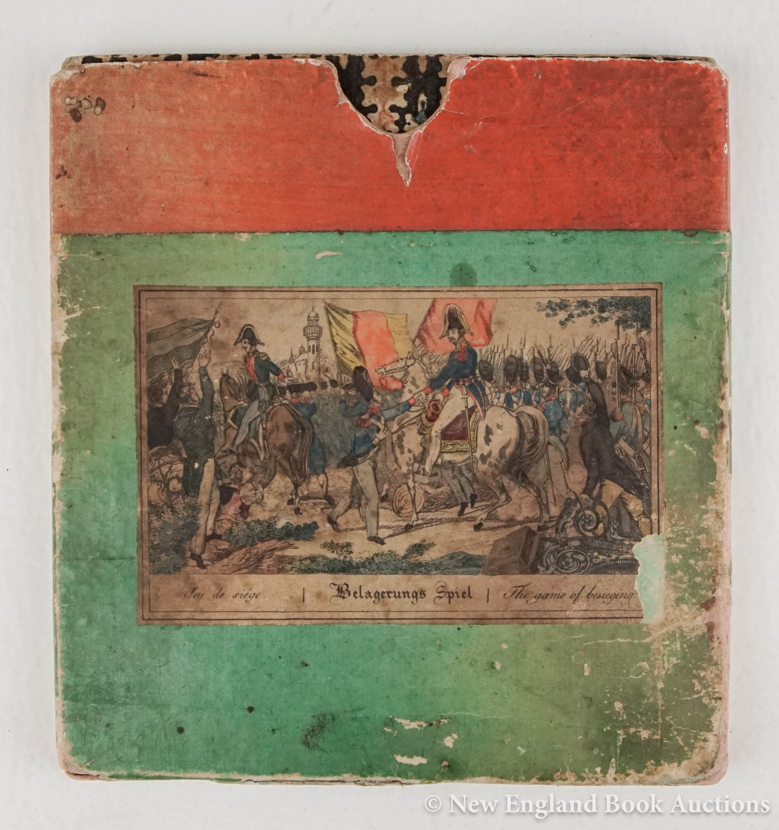 Game: 45. Game. The Game of Besieging. Hand-colored lithograph on folding board depicting a fort and 4 vignettes of soldiers. 14 x 12-1/2 inches folding into a 7 x 6-1/2 inch square, slipcase with pictorial