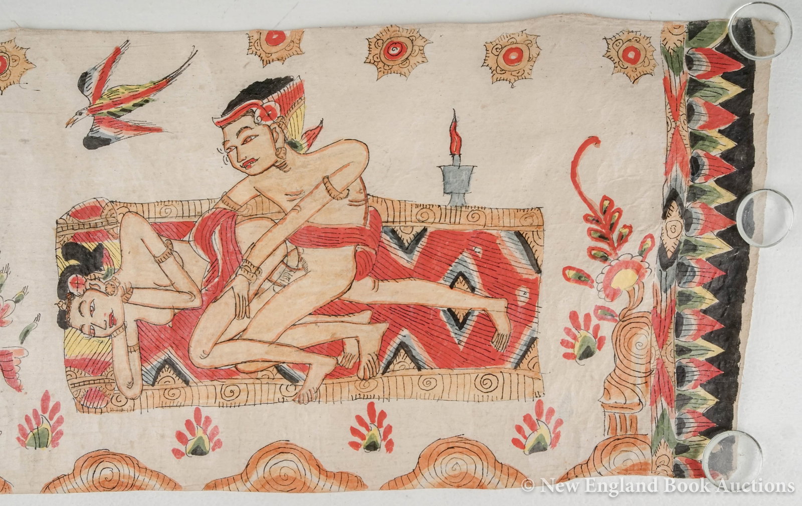 Indian Scroll: 147. Indian Scroll. Erotic scroll illustrated with 12 vignettes of couples in various erotic positions. 11' 9" x 11-1/2 inches on polished linen; moderate wear. India, 19th-century? [60/90]