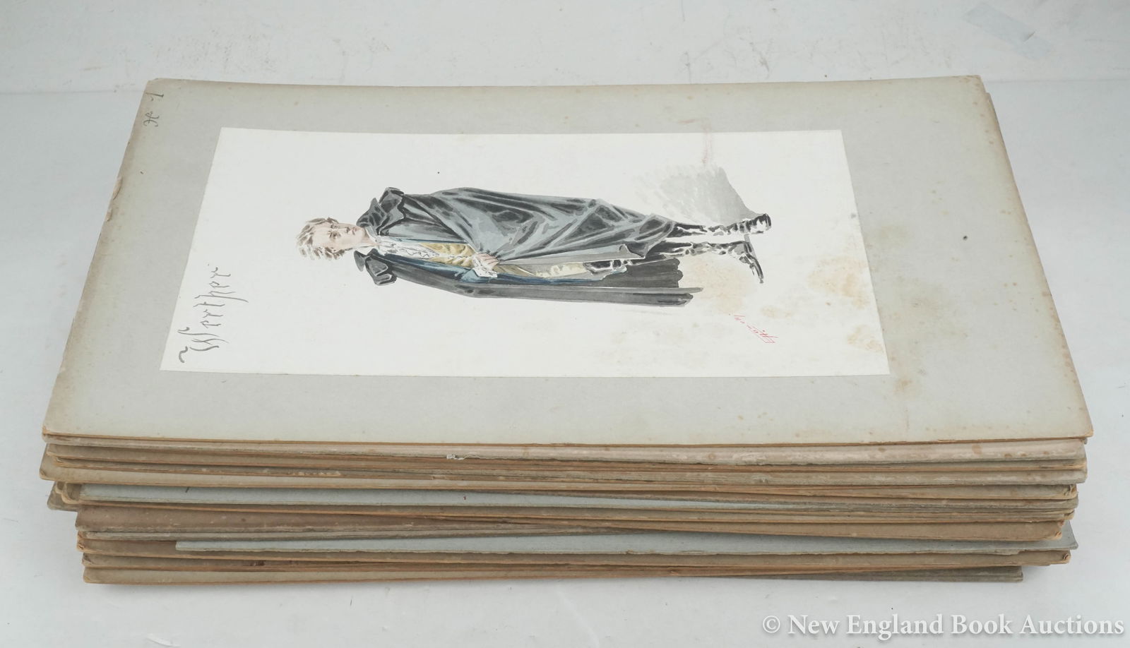 Costume Designs: 174. Costume Designs. Group of 36 watercolor costume designs from the Atelier A. Comelli. Each about 12-1/2 x 6-1/2 inches, mounted to board; some soiling, generally sound. Italy, Circa 1900 [800/1200