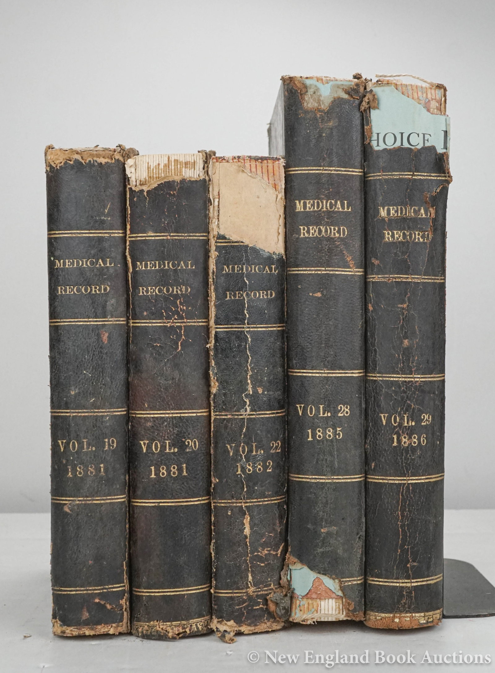 The Medical Record: 202.A Weekly Journal of Medicine and Surgery. Volumes 19, 20, 22, 28-48. Together 24 volumes. C209Illustrated. 4to, leather-backed boards; covers worn and soiled, some spines chipped with loss, genera