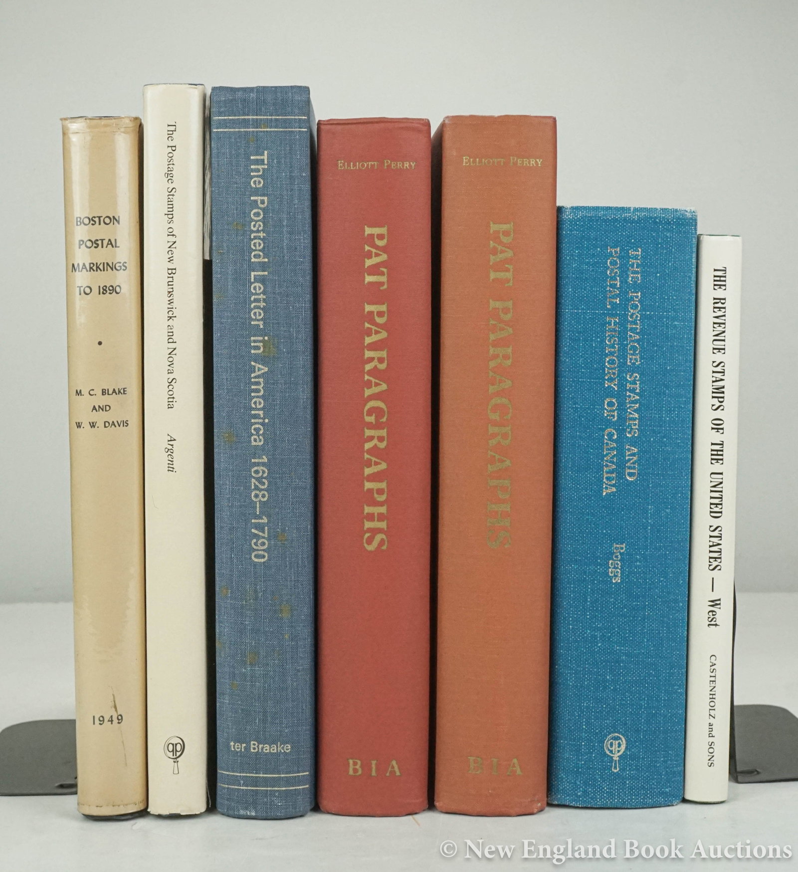 Stamp Reference: 184. Stamp Reference. Group of 8 volumes. Most illustrated. 4to or 8vo, 7 cloth, some with dust jacket; moderate wear. Vp, vd [80/120] Includes: Blake & Davis. Boston Postal Marks to 1890. 1949 * West