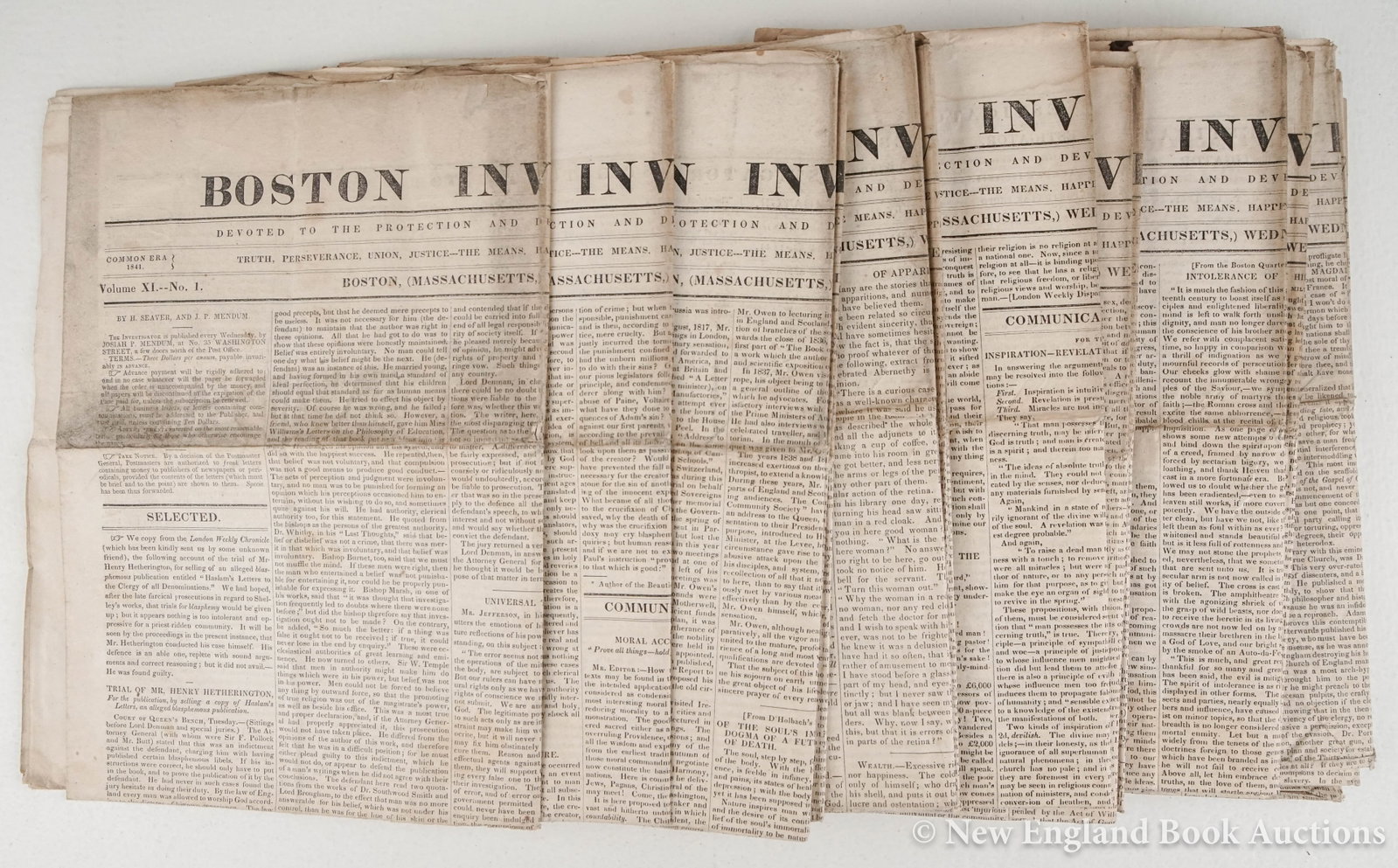 Freethought: 132. Freethought. Boston Investigator. 22 issues. Folio, loose as issued; creased at folds, some browning, generally sound. Boston , 1840-41 [100/150]