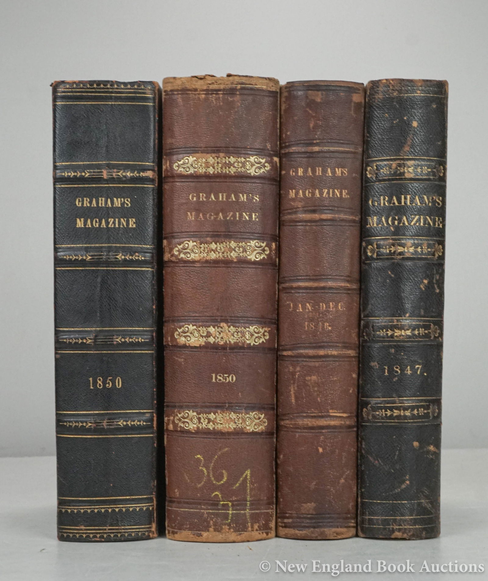 (Poe, Edgar Allan): 194. (Poe, Edgar Allan). Graham’s American Monthly Magazine. Volumes 28-29 * 30-31 * 36-37 (2 copies). Together 8 volumes in 4. Illustrated, including color plates. 8vo, contemporary leather-backed