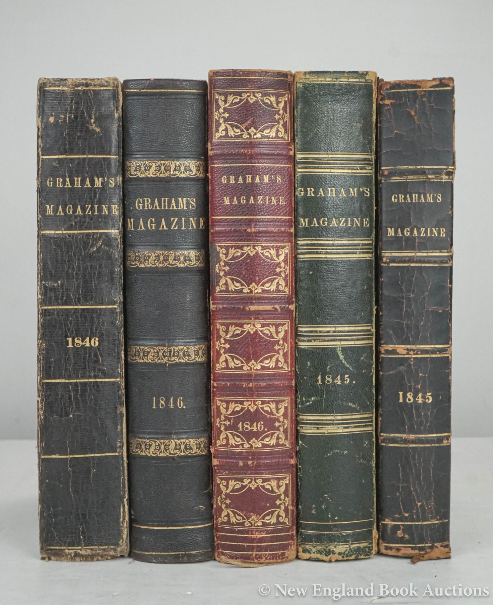 (Poe, Edgar Allan): 95. (Poe, Edgar Allan). Graham’s American Monthly Magazine. Volumes XXVI-XXVII * XXVII-XXVIII * XXVIII-XXIX (3 copies). Together 10 volumes in 5. Illustrated, including color plates. 8vo, contempora