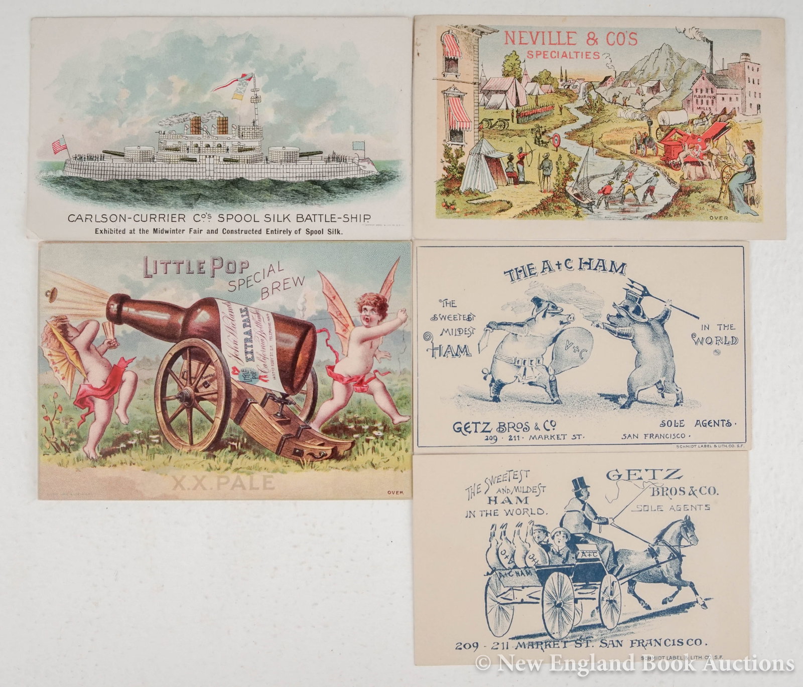 Trade Cards: 165. Trade Cards. Group of 18 San Francisco chromolithograph trade cards. Between 2-3/4 x 4 and 3-1/2 x 6 inches; some with mount adhesions on verso. San Francisco: M. Schmidt & Co., 19th-century [300
