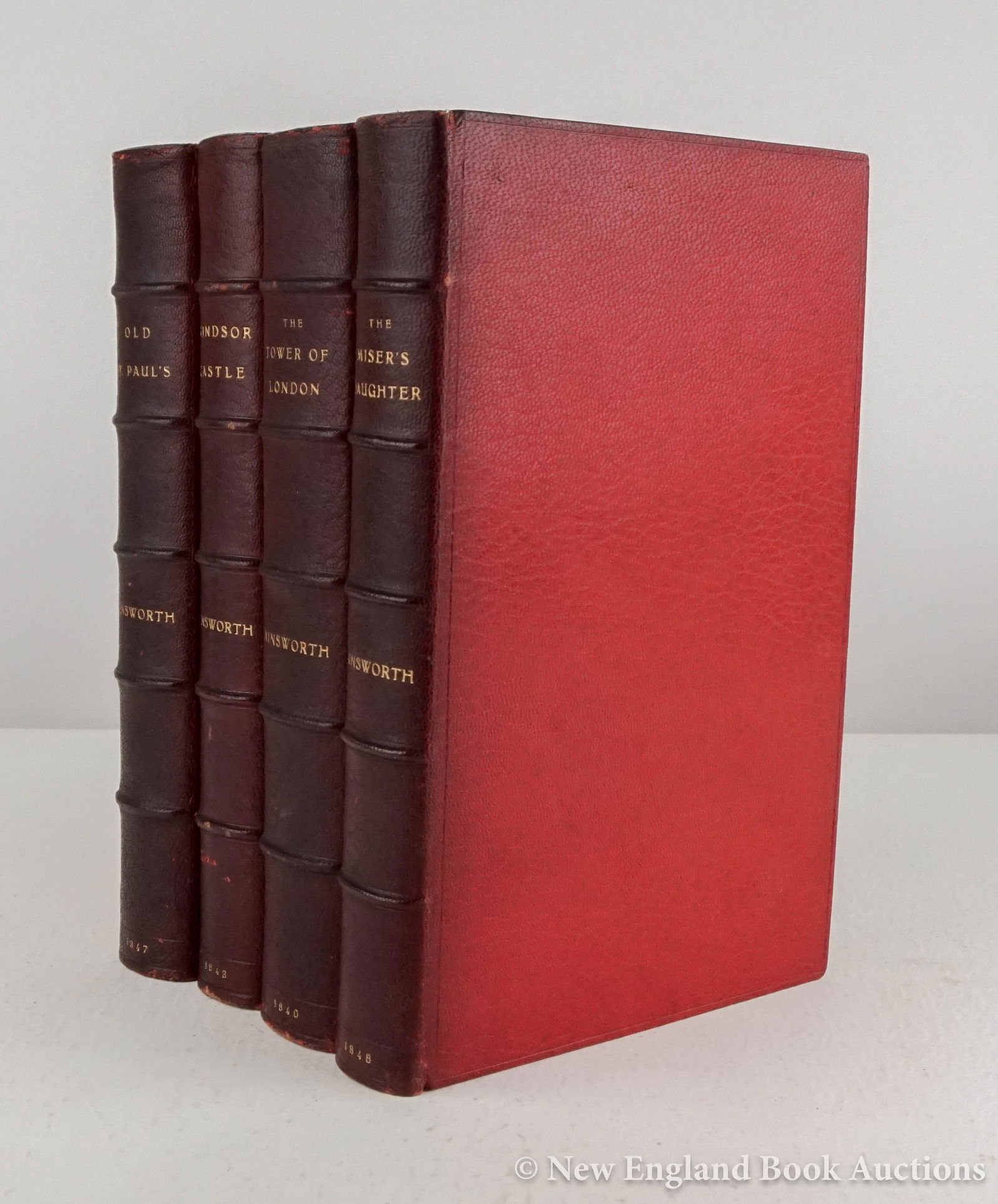Ainsworth, W. Harrison: 7. Ainsworth, W. Harrison. Group of 4 volumes, as listed below. Illustrated by George Cruikshank and others. 8vo, bound uniformly in gilt-lettered full red morocco, gilt turn-ins, top-edges gilt; rubb