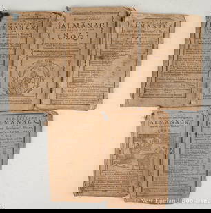 Almanacs: 8. Almanacs. Group of 8, as listed below. Some with woodcut illustrations. 12mo, self-wrappers; some soiling, some margins frayed or with tears, etc. Vp, vd [100/150] Bickerstaff. New-England Almanack