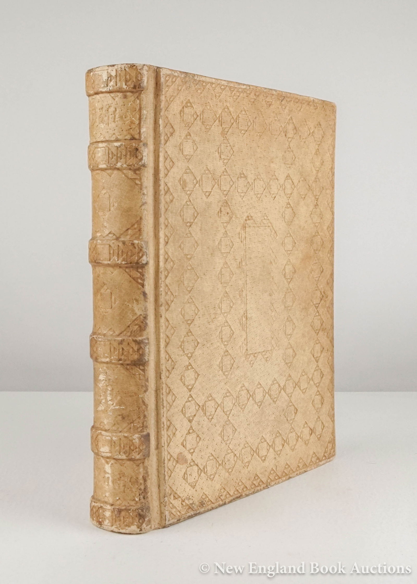 Binding: 26. Binding. Gäfte Buch [spine-title]. About 300 blank leaves. 4to, blind embossed vellum over heavy board, gauffered gilt edges; generally clean and sound. Germany?, nd [100/150]