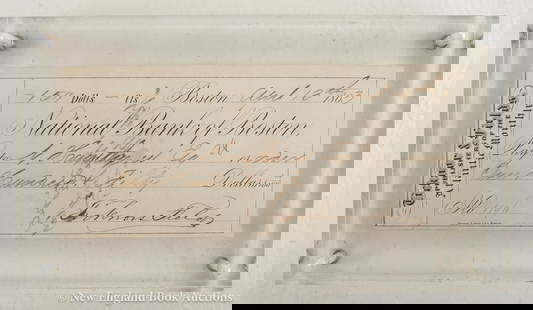 Hawthorne, Nathaniel: 91. Hawthorne, Nathaniel. Partly-printed Check for $150 to the order of Hawthorne, Signed by Ticknor & Fields. 3-1/4 x 7-1/2 inches, housed in lucite block; moderate wear. ENDORSED ON VERSO BY HAWTHOR