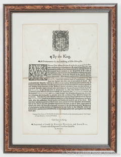 James I: 99. James I. By the King, a proclamation for the banishing of Giles Mompesson. Woodcut crest and initial. Text in black letter. 14 x 9-1/2 inches, neatly matted, in glass-fronted frame; separated at h